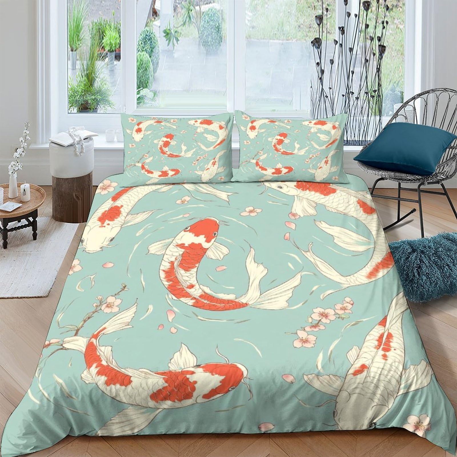 Ctjqhvkz Style-7 3D Printed Koi Fish Fitted Sheet Microfiber Soft Bedroom Decor Japanese Watercolor Bed Cover For Mattress Protection Single（135X200cm）