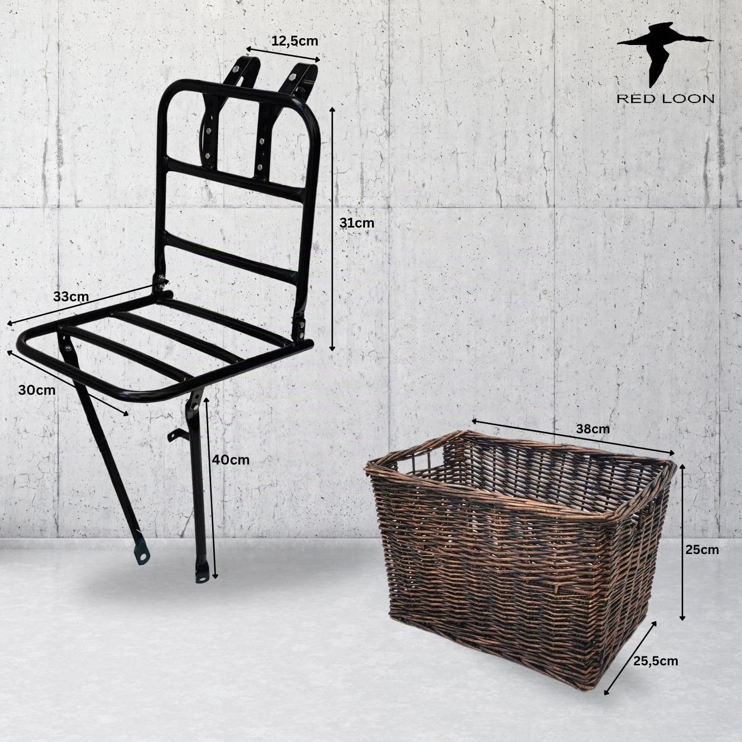 Fahrrad Gepäckträger vorne Frontgepäckträger - Fahrradgepäckträger Vorderrad - Red Loon Fahrrad Frontträger - Stahl Front Loader - Gepäckträger vorne universell - inkl Fahrradkorb aus Rattan