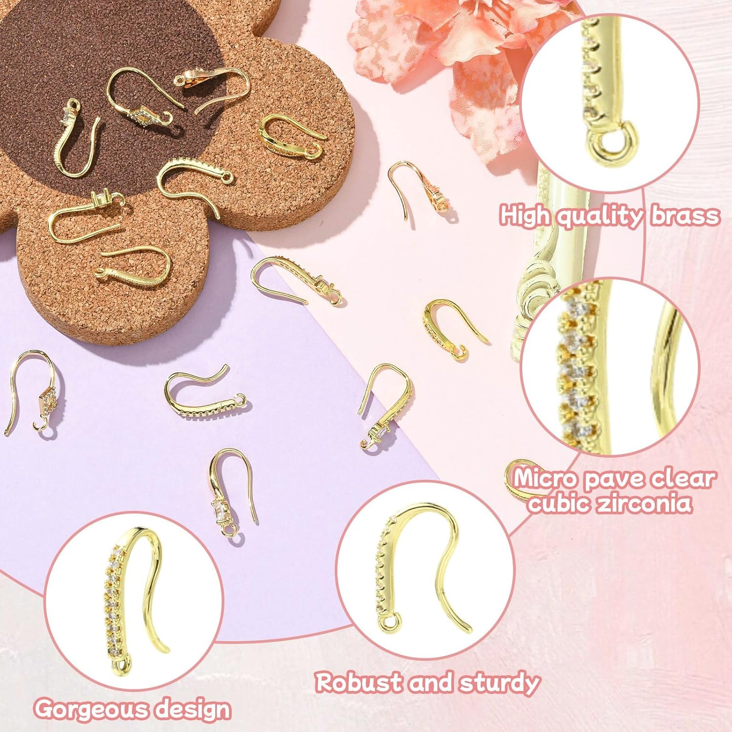 KitBeads 18Pcs 9 Styles 18K Gold Plated Earring Hooks Brass Cubic Zirconia Lever Back Ear Wires with Dangle Loops for Jewelry Earring Making Findings - Image 3