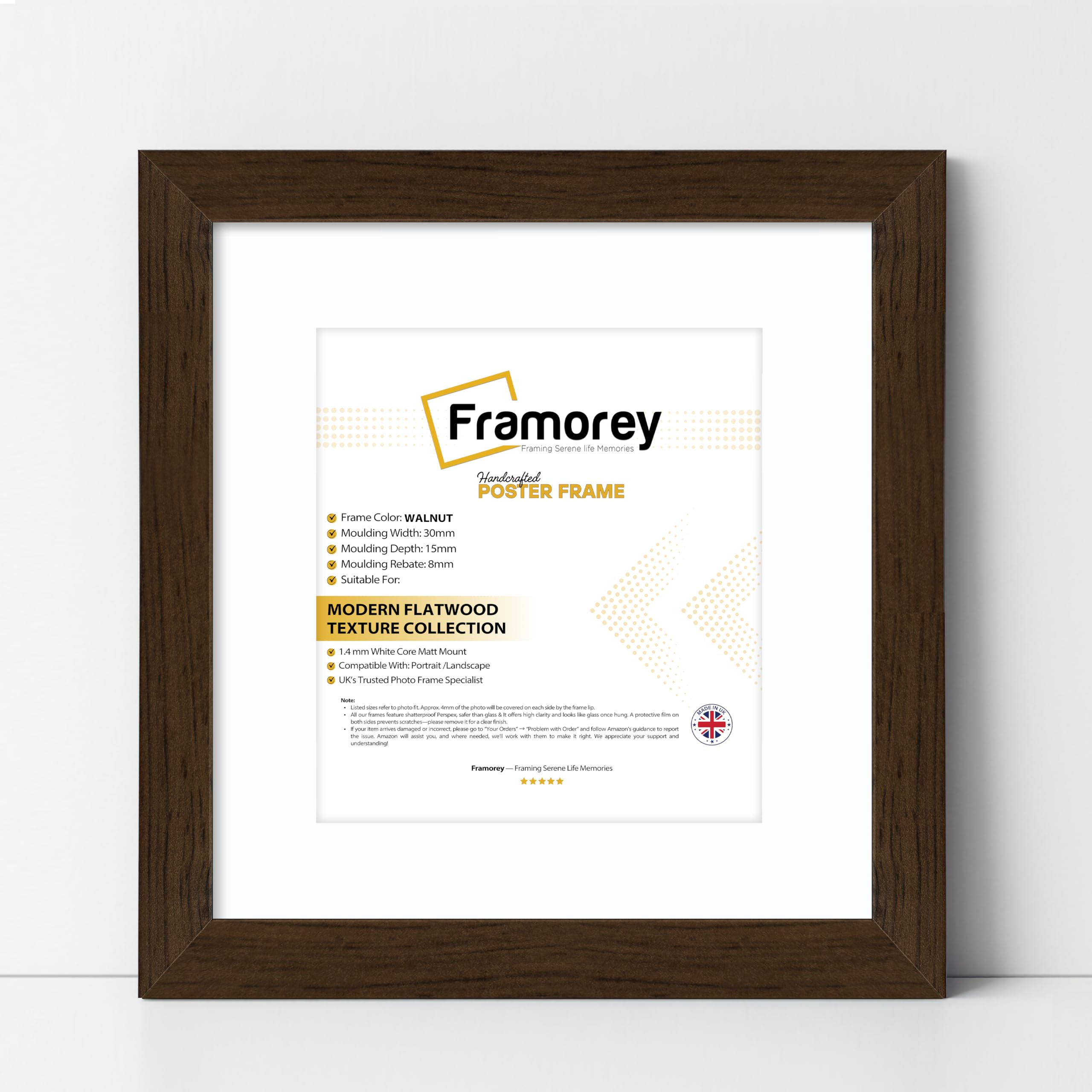 Framorey Framing Serene Life Memories Walnut With White Mount Framorey Square Oxford Flat Wooden Effect Picture Frame, 50X50cm Size Walnut Photo Frame With 40X40cm Size White Mount, Photo Print Frame, Best Photo Frames For Birthday Gift