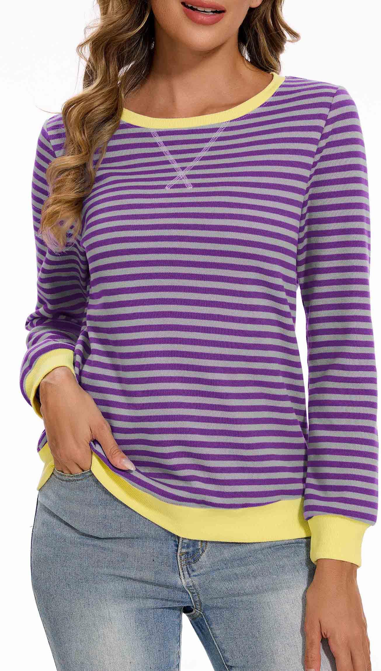 Neineiwu Oversize Pullover Damen Streifen Langarm Herbst Rundhals Sweatshirt Y2K Oberteile