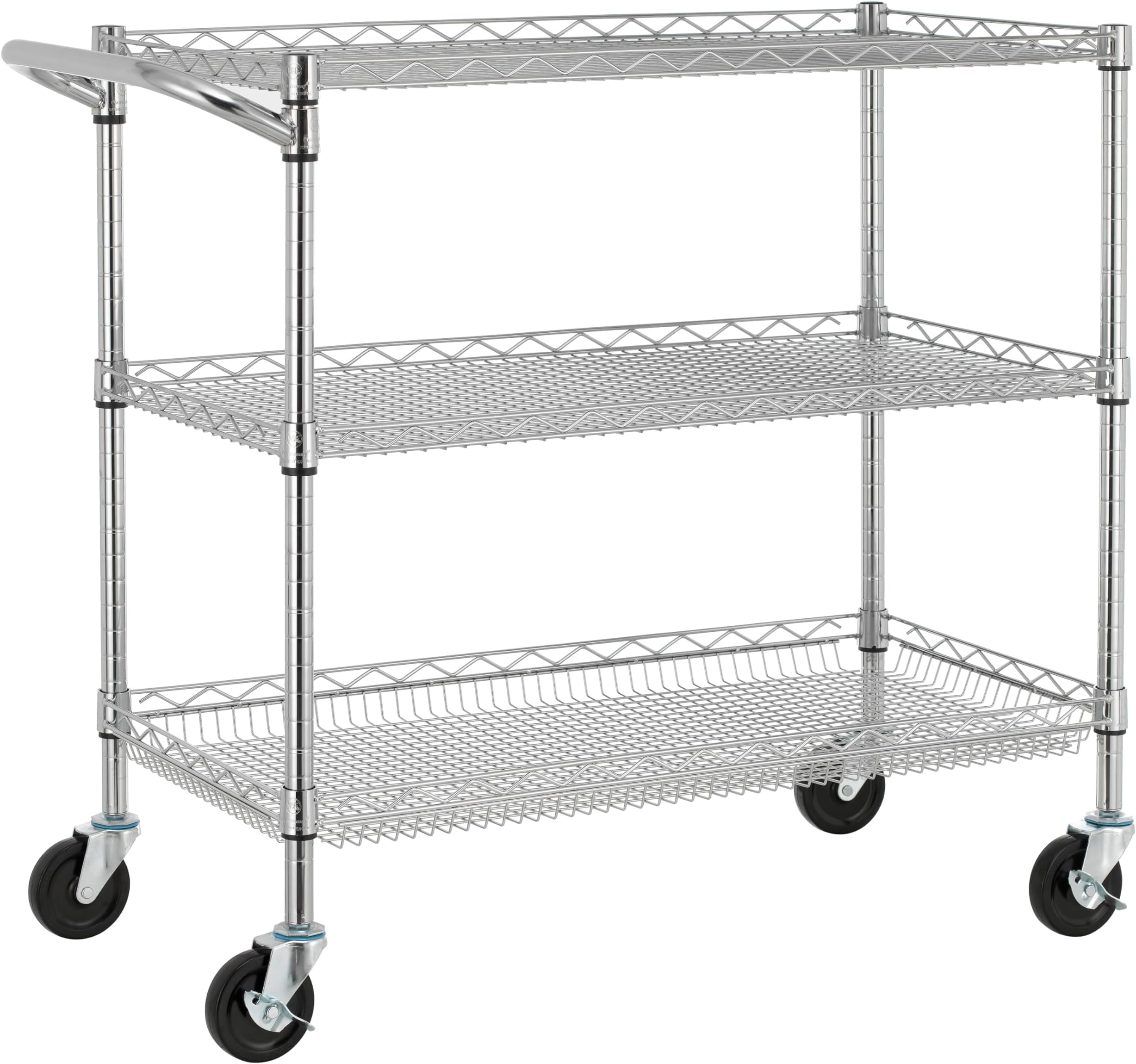Finnhomy3 Tier Heavy Duty Commercial Grade Utility Cart, Wire Rolling Cart with Handle Bar, Steel Service Cart with Wheels, Kitchen Carts on Wheels, Metal Cart Shelf Size 18" D x 36" W, NSF, Chrome