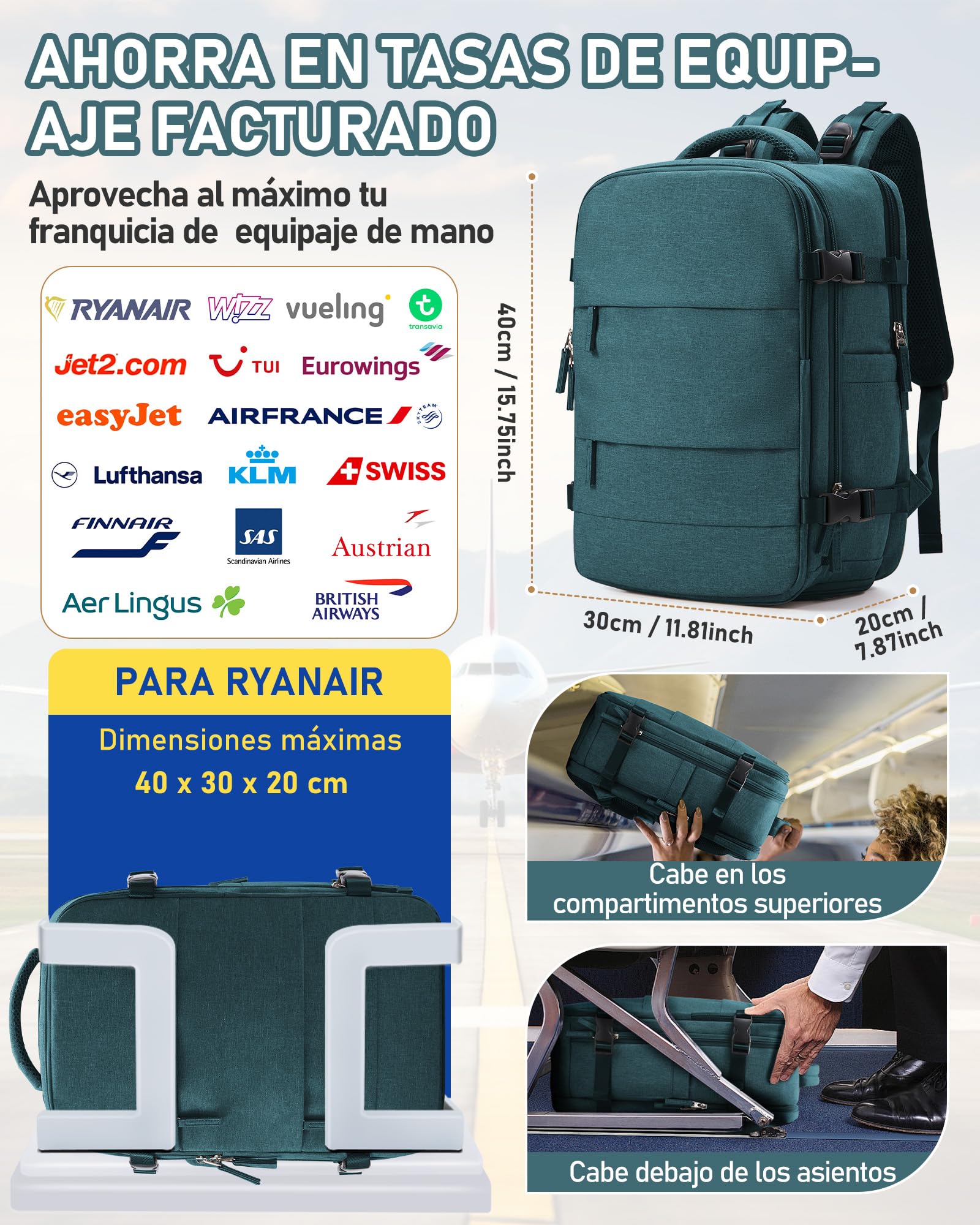 suradar Mochila al Vacío Viaje con Bomba Integrada Mochilas Cabina Avion 40x20x30 Ryanair Wizzair Eurowings Vueling Mochila Compresion al Vacio con Bomba Equipaje de Mano 40x30x20 Azul Pavo Real