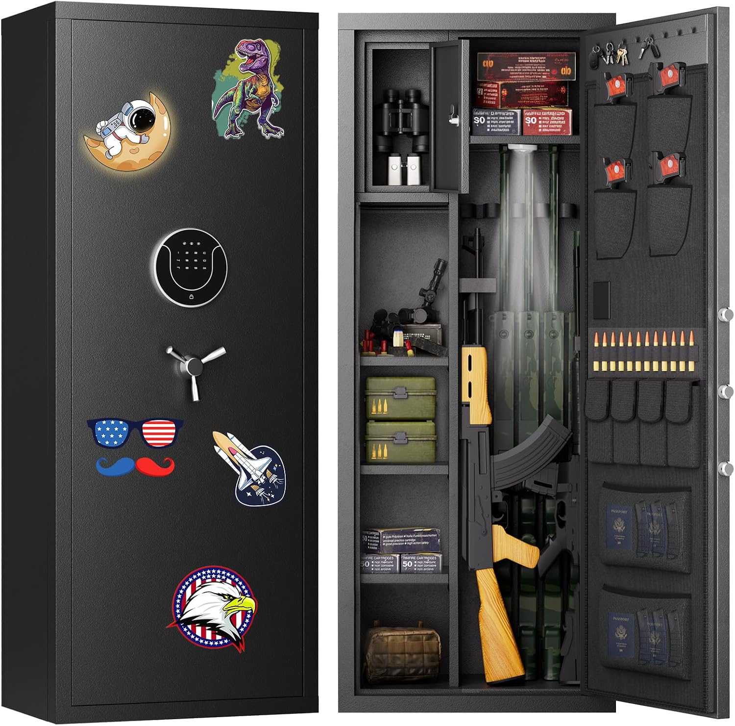 15-18 Unassembled Digital Gun Safe, Multi Functional Gun Safe for Rifles and Pistols with Inner Lock Box, Removable Shelves & DIY Stickers, 54'' Large Gun Cabinet with Dual Alarm & Mute Function