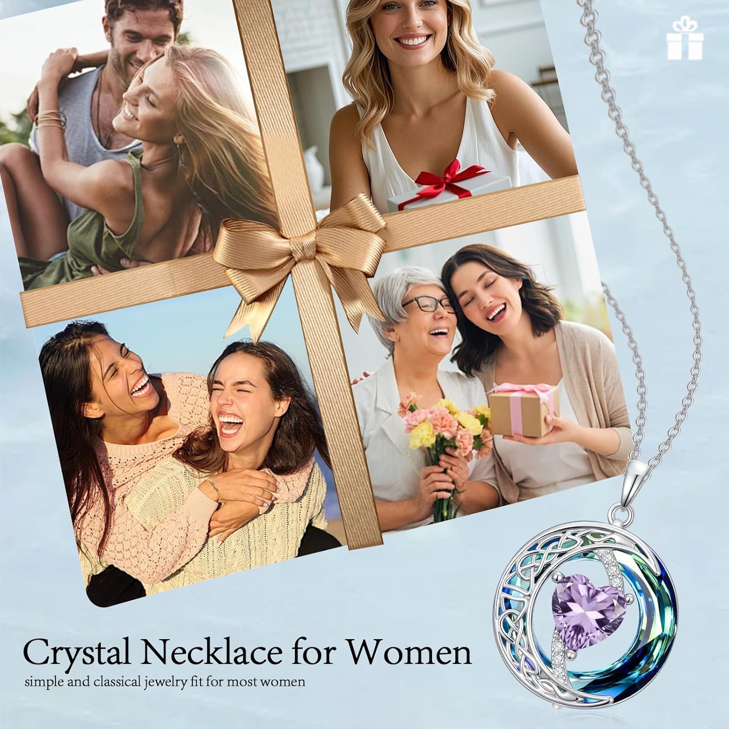 Valentines Day Gifts for Women, Birthstone Necklace for Women, Celtic Moon Pendant Blue Crystal Necklace Heart Jewelry Anniversary Jewelry Gift for Daughter Wife Mother Sister - Image 3