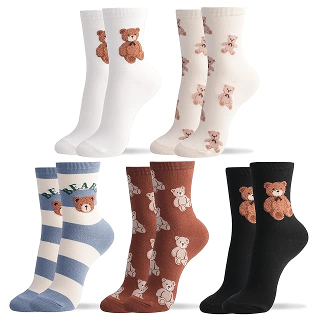 kikiya socks Women Crew Socks | 4-6 Pairs Novelty Heart Bear Cat Cute Print Design | Korean Ladies & Girls Daily Cotton Socks | US 6-8