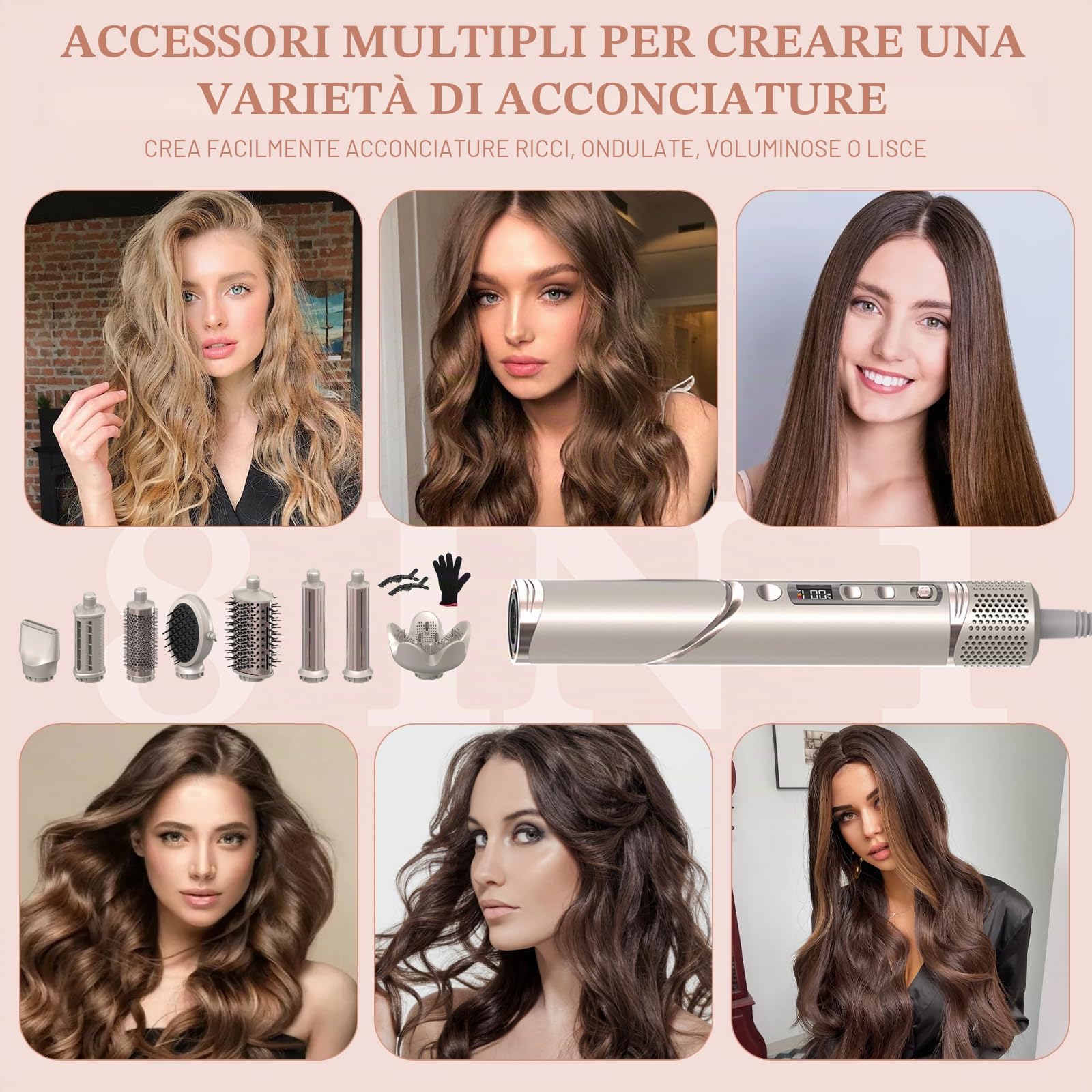 Asciugacapelli 8 in 1, multihairstyler AirStyler, 1600 W, con motore da 110.000 giri/min, con pettine ad aria, ferro arricciacapelli (sinistra e destra), diffusore, bocchetta d'aria (champagne)
