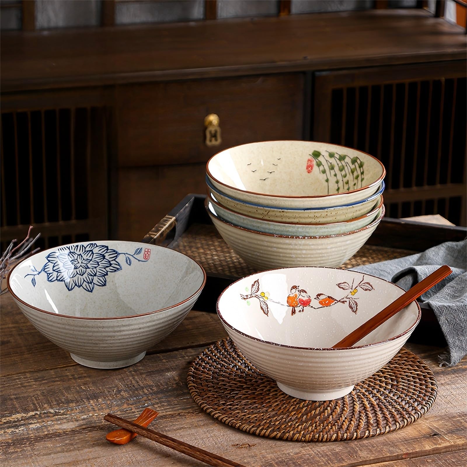 Ramenschüssel-Set aus Keramik, 2 Sets, 1200 ml, große japanische Nudelsuppenschalen mit Löffeln und Essstäbchen für Suppe, Udon, Soba, Pho, asiatische Nudeln, Nudelsalat