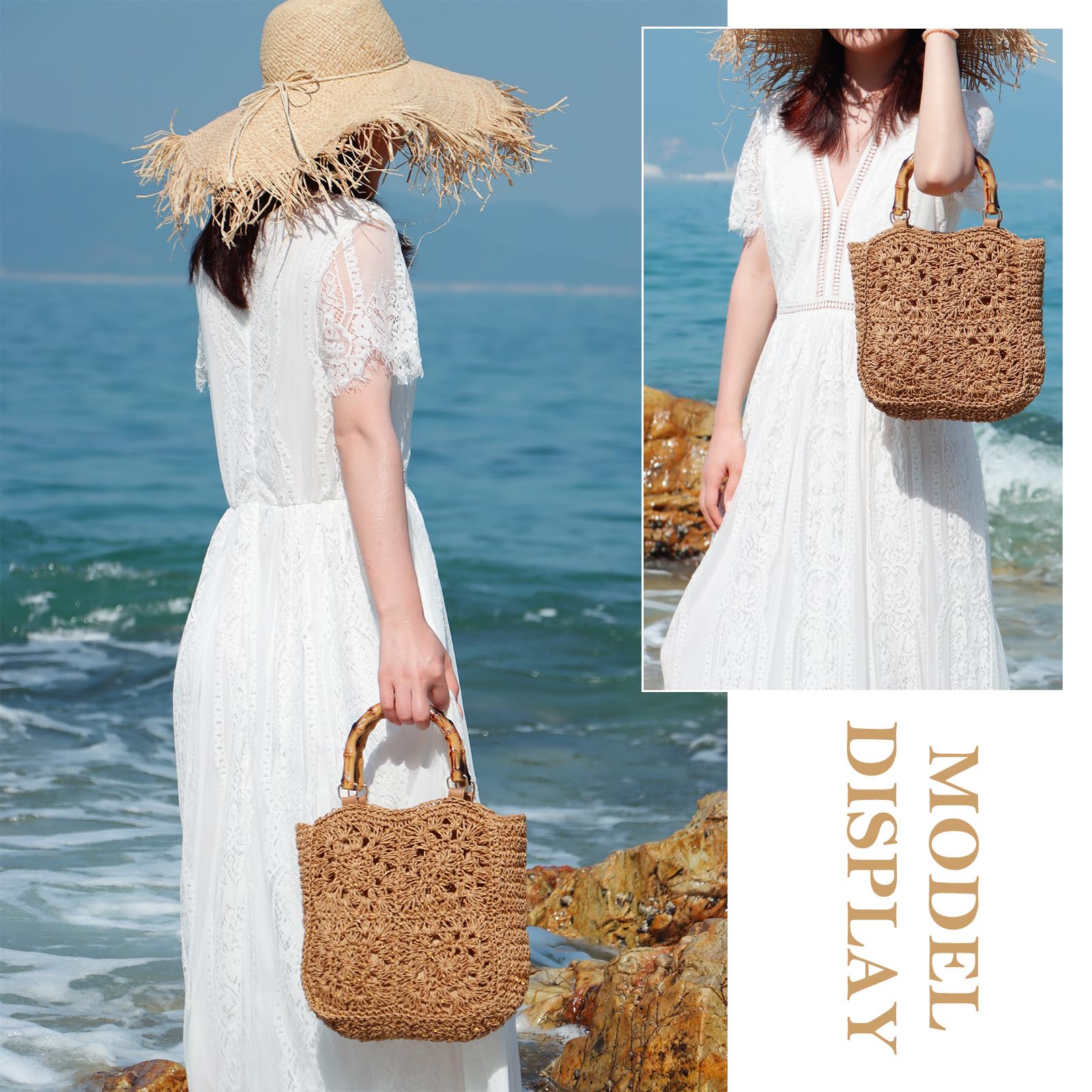 Fecialy Straw Tote Bag for Women Summer Beach Handbags Crochet Purse Rattan Woven Straw Beach Bags Vacation Tote Bags