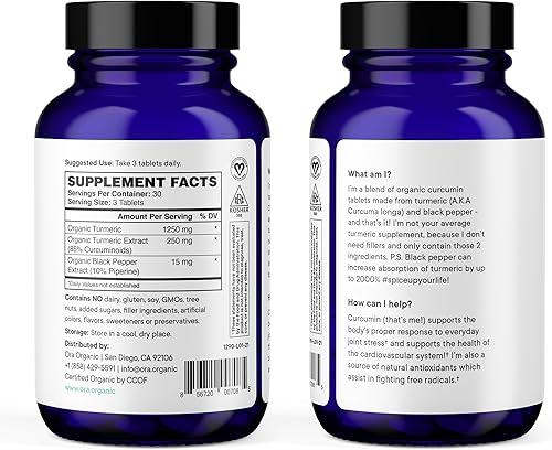 Miniatura 4 de Ora Organic Curcumina de cúrcuma con piperina, extractos puros para el estrés articular y la salud cardiovascular, apoya la función cognitiva