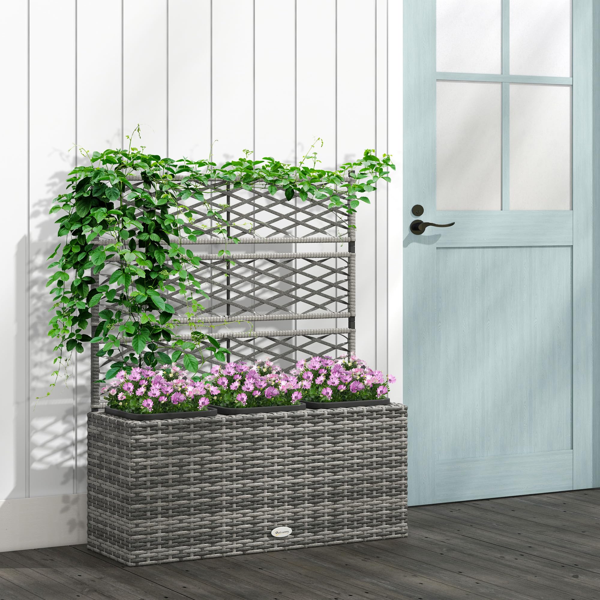 Outsunny Pflanzkübel mit Rankgitter 3 Töpfe, Pflanzgefäß, 33 l, Garten, Balkon, Terrasse, Außenbereich, aus Polyrattan und Stahl, 84 x 30 x 107 cm, Grau/Schwarz