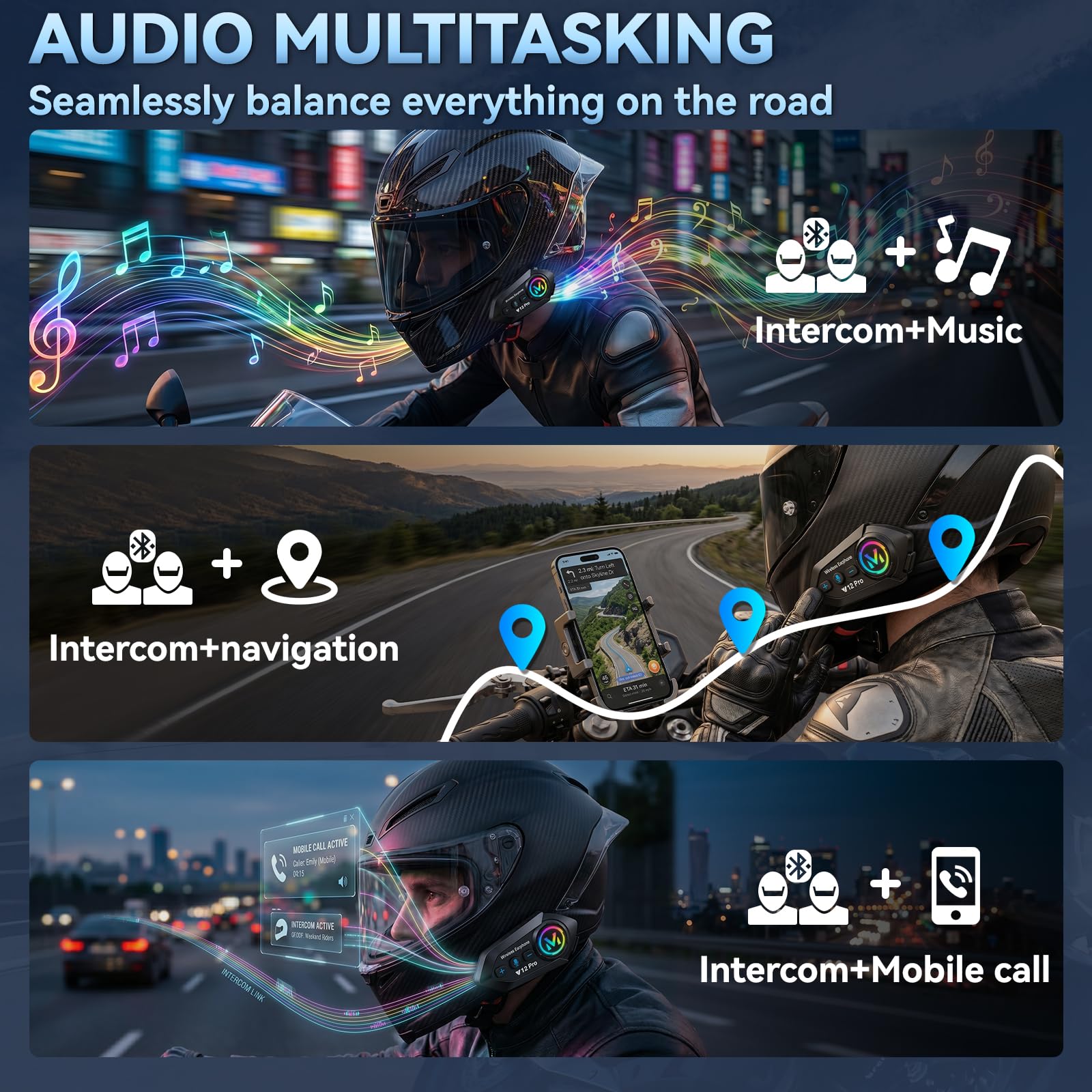 Intercom Moto Duo pour 2 Casques – Bluetooth 5.4, Partage Musical, Portée 500 m, IP56, Compatible avec Tous Casques – 2 Pièces
