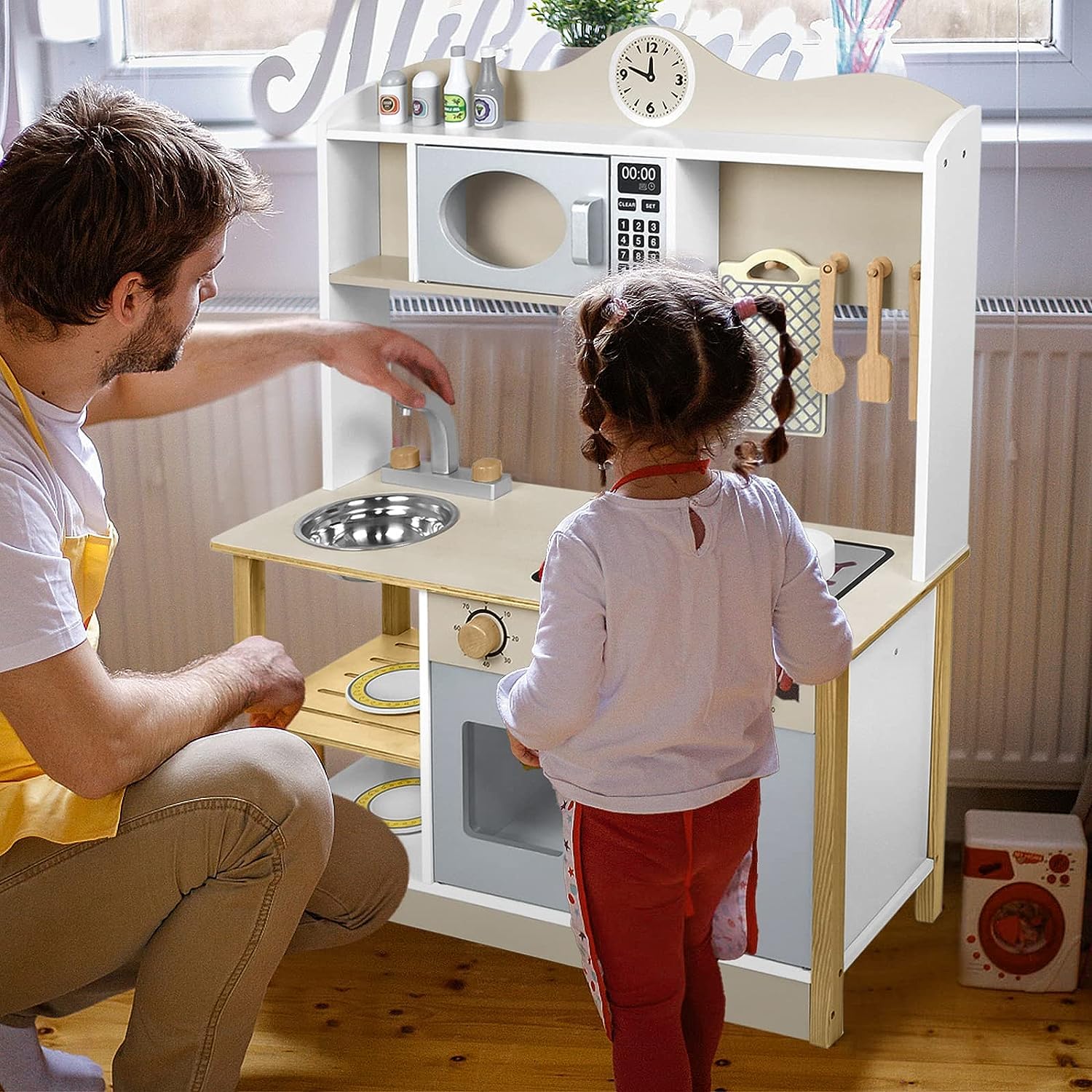 ACXIN Holz Küchenset für Kinder, Küche Küchenspielzeug Set mit Kinderküche zubehör, Küchen-Zubehör aus Edelstahl und Holz, Mini-Küche für kleine Jungen und Mädchen (68x26x78cm)