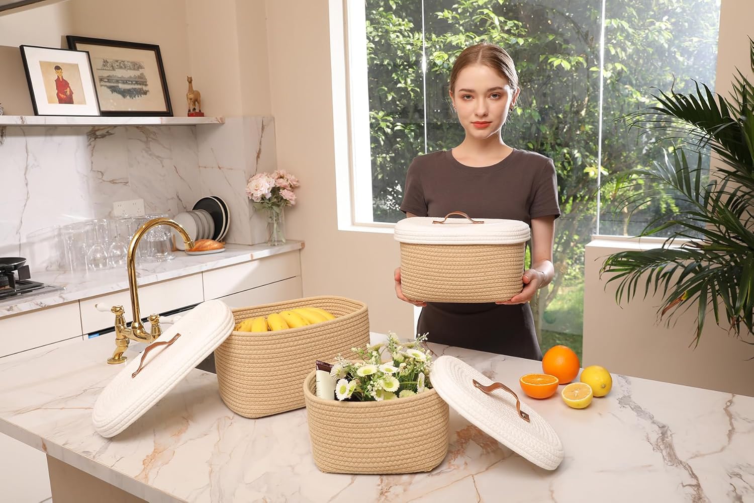 Cottonphant Set of 3 Stylish Large Rectangular Woven Baskets with Lids - Elegant Storage Solution for Home Decor and Organization, Beige/White Lid