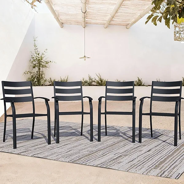 Puntogen Metal Patio Chairs Set of 4, Stackable All-Weather Patio Dining Chair, Wrought Iron Outdoor Dining Chairs with Armrest for Garden, Poolside, Backyard, Black