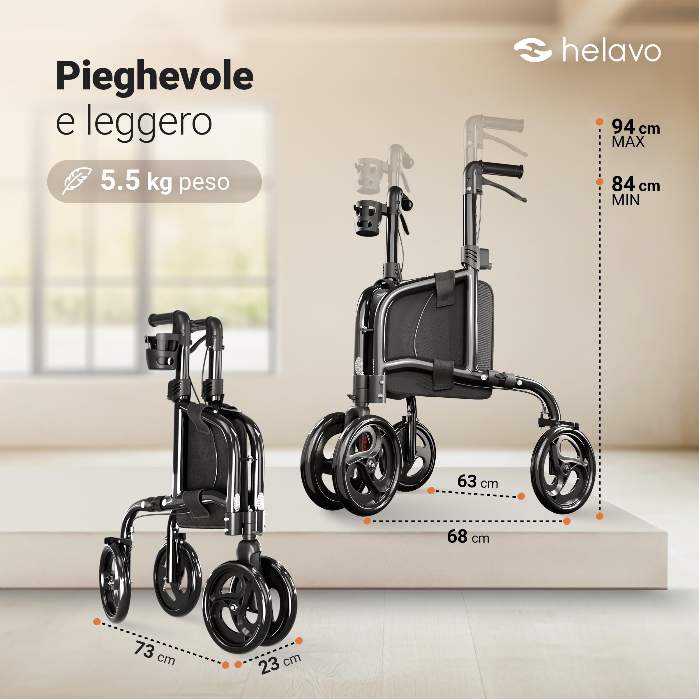 Helavo Deambulatore a 3 ruote con Doppie Ruote Anteriori - Solo 5,5 kg, Pieghevole, Deambulatore per Anziani, Stretto per Interni, Girello per Anziani in Alluminio