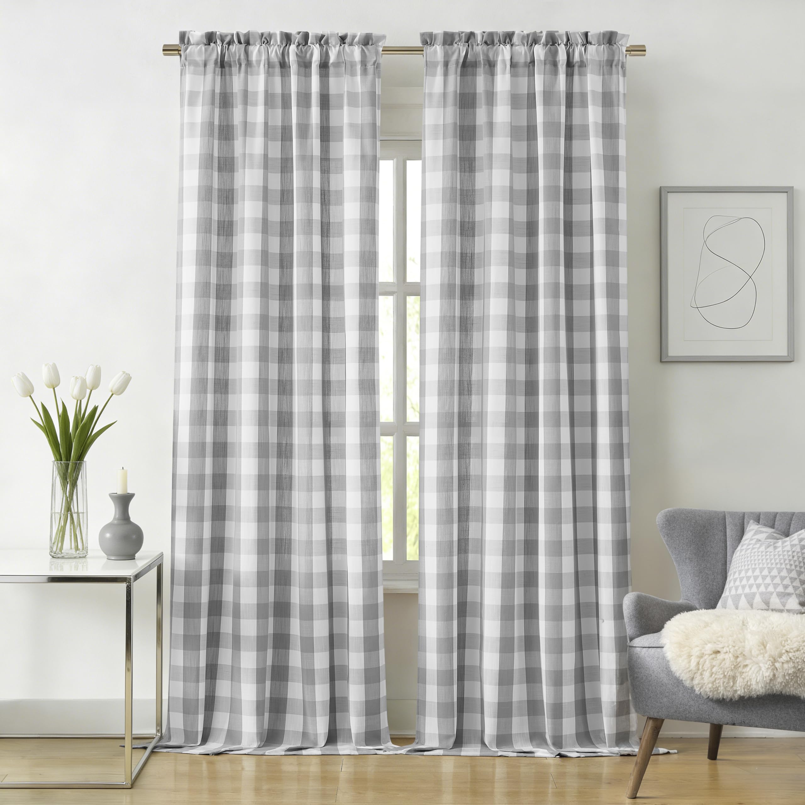 Bapawfish Grey White Buffalo Plaid Semi Sheer Curtains 84 Inches Long