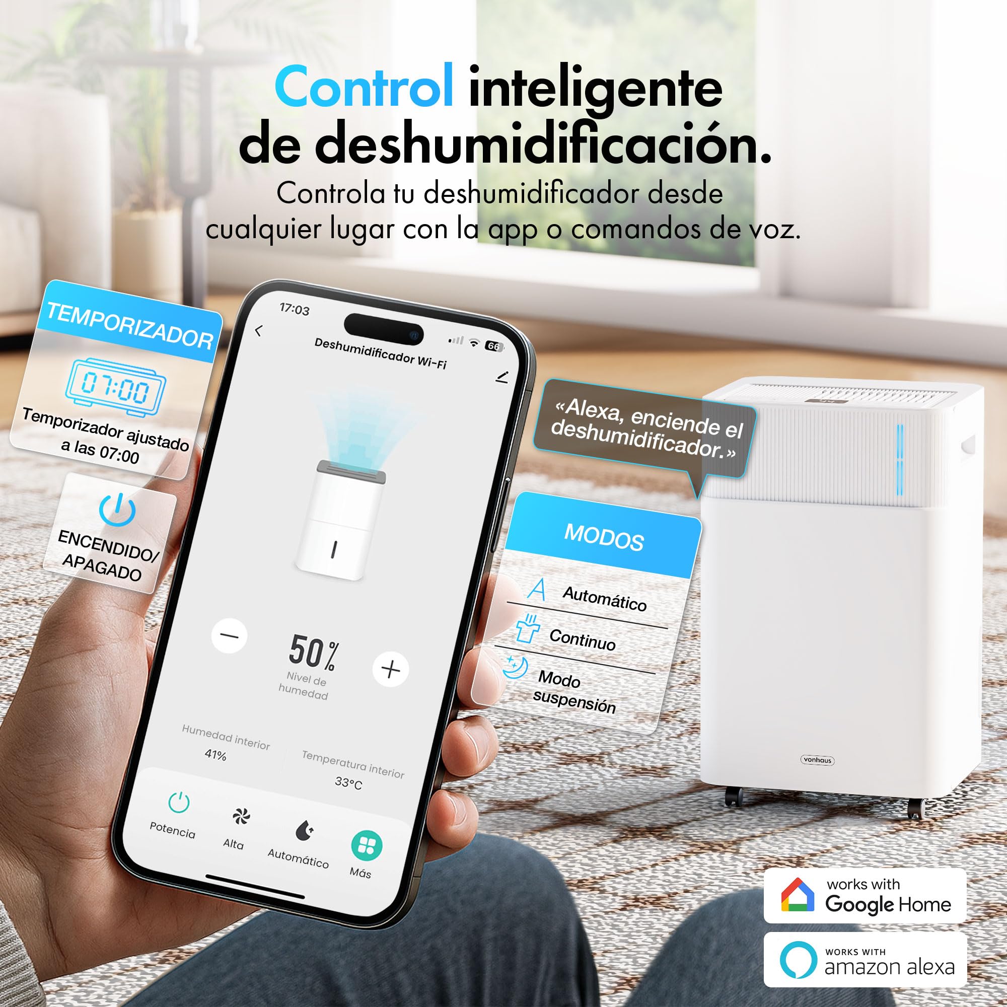 VonHaus Deshumidificador 20L Bajo Consumo para Casa Depósito de Agua de 4,5 L – Deshumidificador WiFi para Secar Ropa Previene el Moho y los Malos Olores – Ideal para Casa