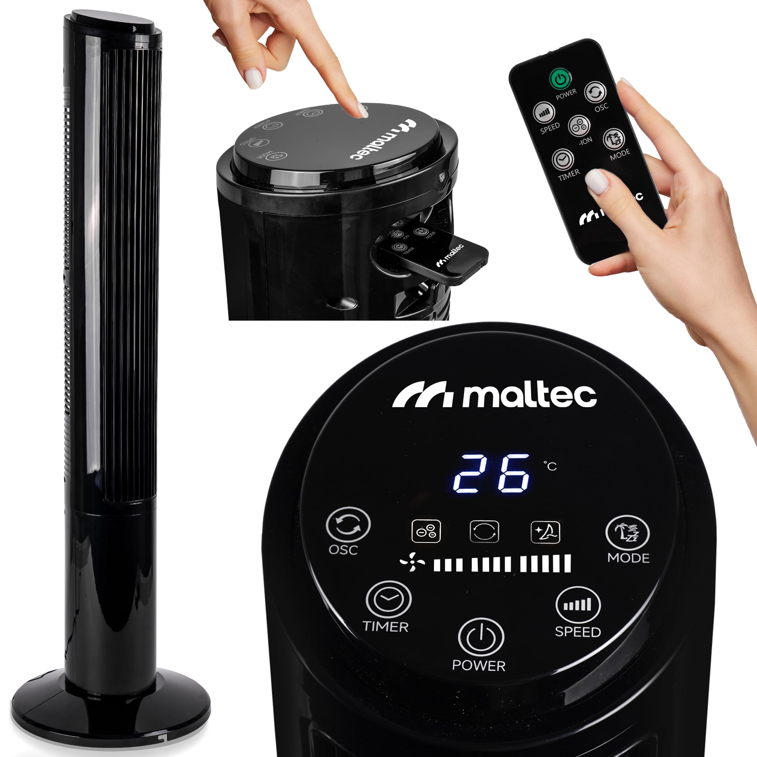 MalTec Wentylator kolumnowy z pilotem zdalnego sterowania, cichy, jonizacja, wentylator kolumnowy, obracany o 90°, 45 W, 102 cm, czarny
