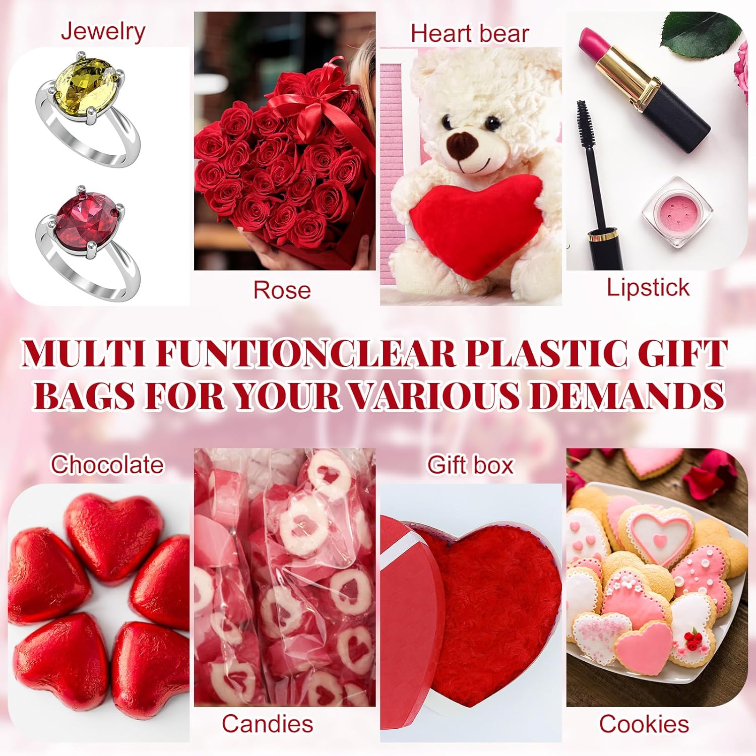 Glenmal 50 Pcs Valentines Day Clear Gift Bags with Handle Transparent PVC Plastic Red Heart Love Reusable Shopping Tote Wrap Bags for Valentines Weddings - Image 6