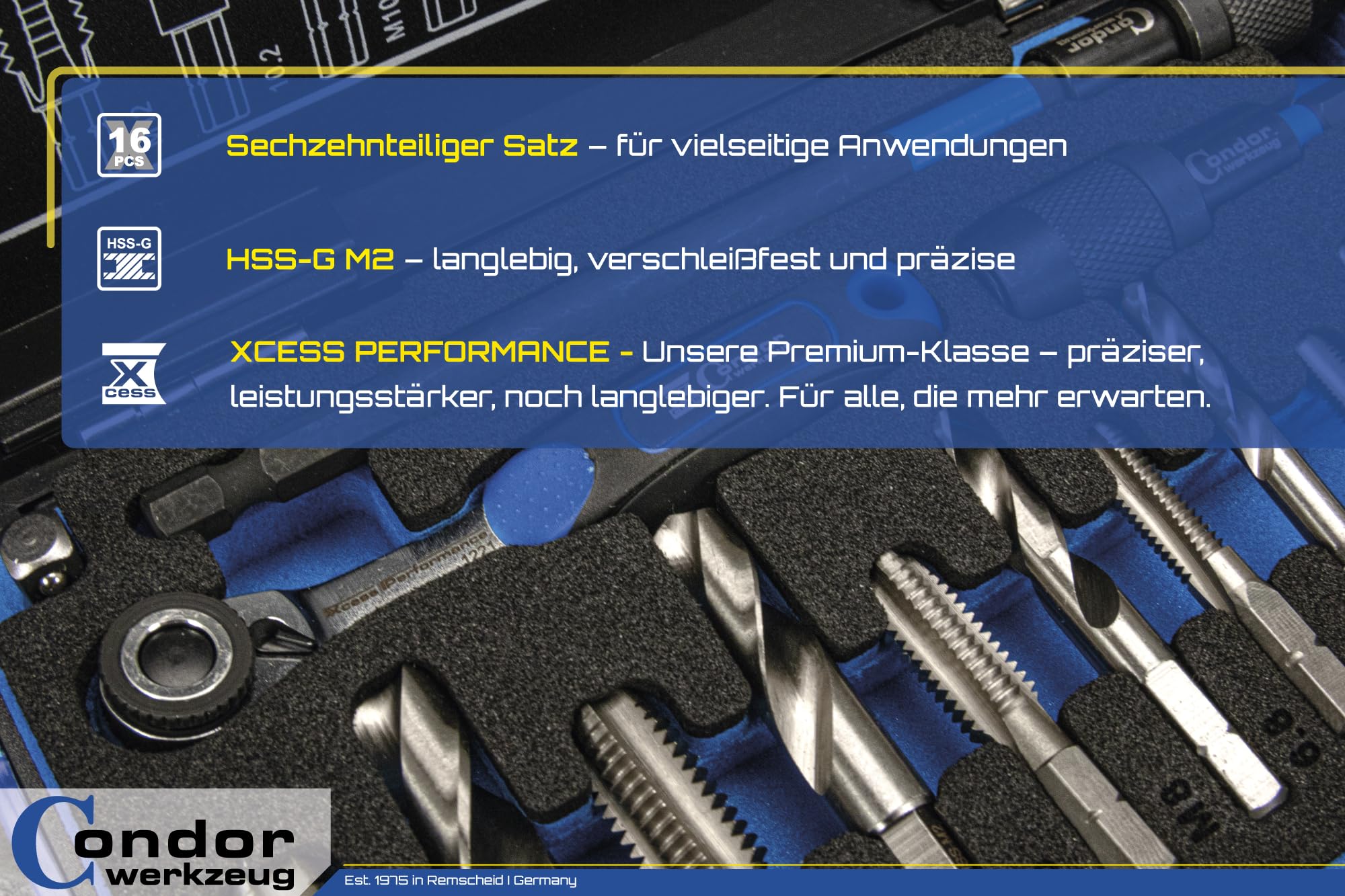 CONDOR Werkzeug 39602 | Kernloch Spiral- und Gewindebohrer-Bit-Satz mit Knarre & Adapter | 16-TLG. | 1/4" 6-Kant-Antrieb | M4-M12 | Xcess Performance | HSS Bohrer Set Profi Werkzeug