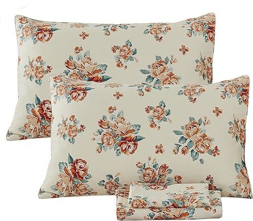 Miniatura 2 de FADFAY Juego de sábanas de rosas tamaño individual XL, elegante ropa de cama floral beige desgastada con flores rojas desgastadas, ropa de cama