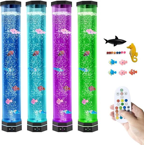 32'‘Extra Large Octagonal Bubble Aquarium Light,5’'Wide Sensory Tube with 5 Fish and Sharks,Stable 14cm Base,16 Color Variable Night Lights,Remote Control USB Powered,For Home and Office Decoration