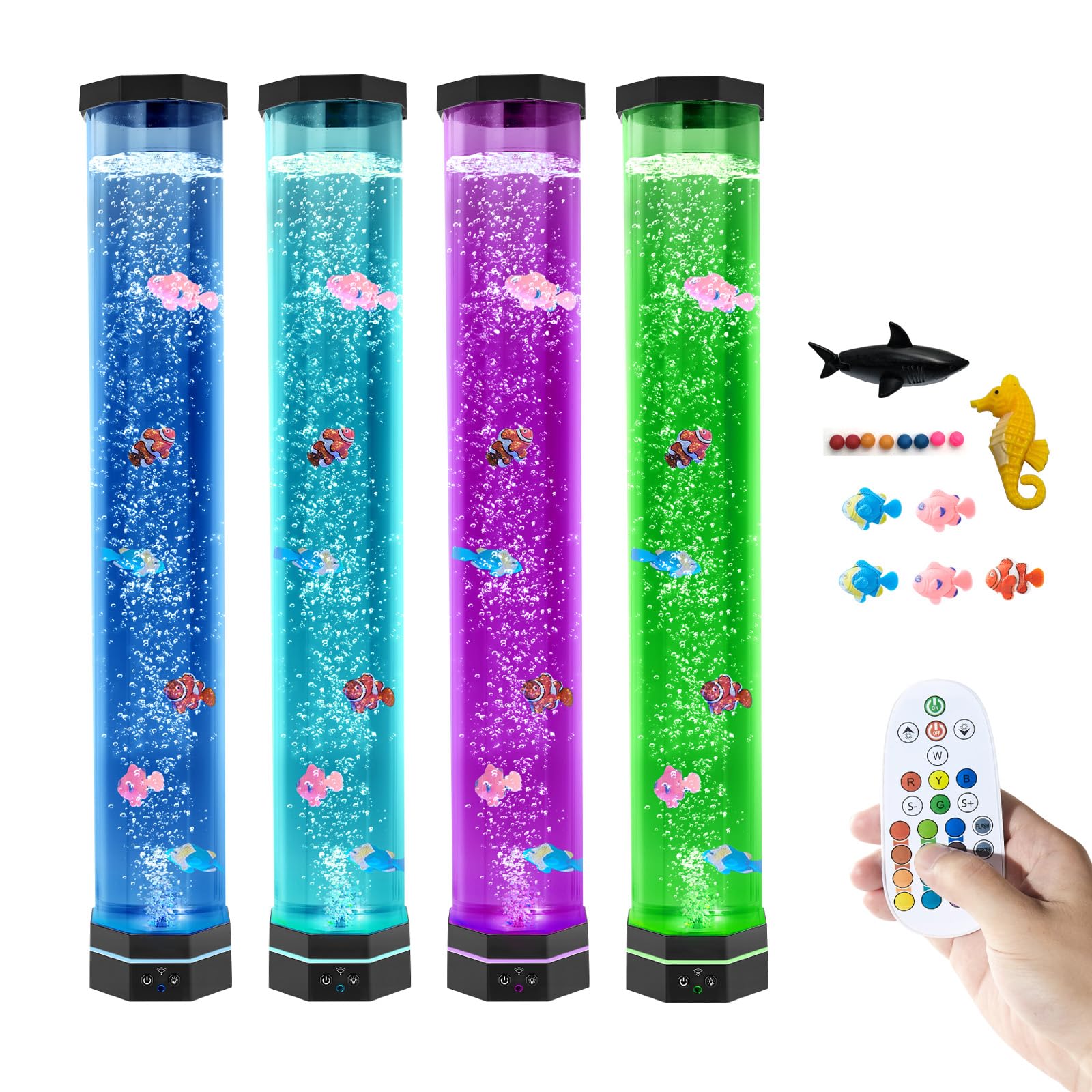 Lampe octogonale extra large de 81,3 cm pour aquarium – Tube sensoriel Jumbo de 12,7 cm de large avec 5 poissons et requins mignons, base stable de 14 cm avec LED bleu moderne, veilleuse à 16 couleurs