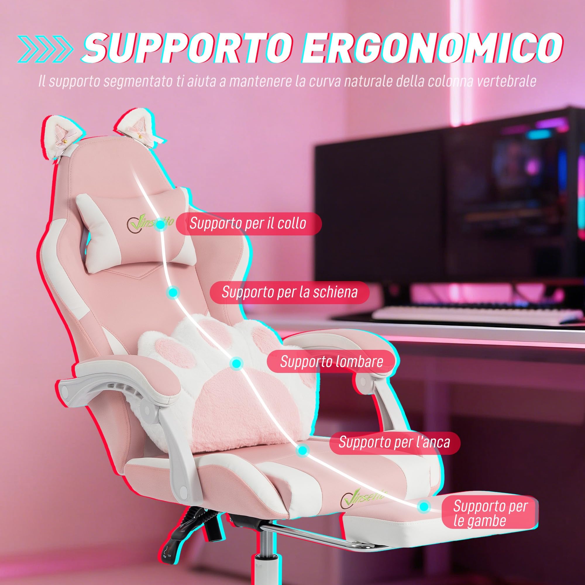 Vinsetto Sedia Gaming Ergonomica con Orecchie da Gatto, Poltrona Gaming Ufficio Reclinabile in Finta Pelle con Poggiapiedi, Poggiatesta e Altezza Regolabile, Supporto Lombare e Cervicale, Rosa