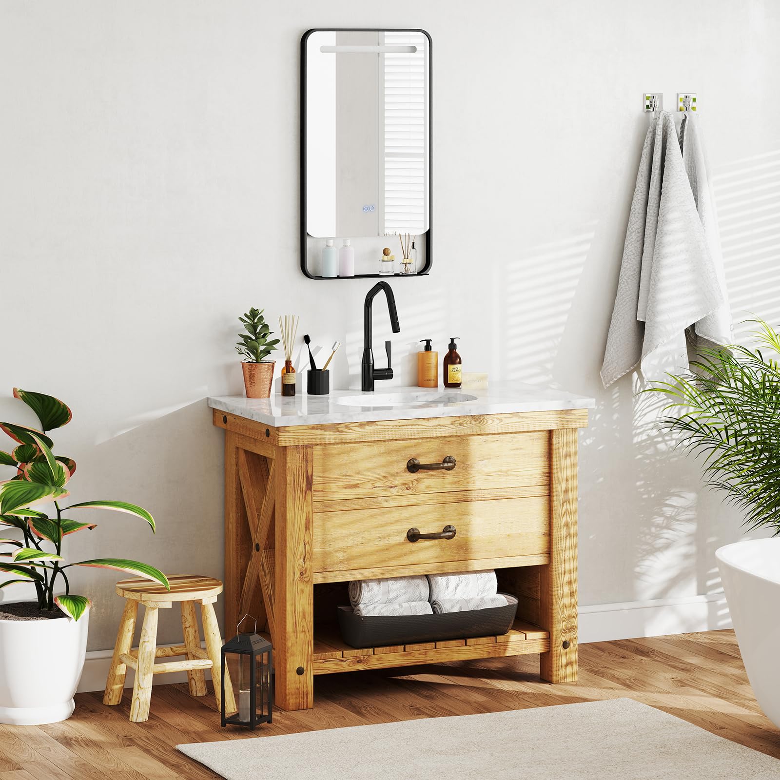 COSTWAY Specchio da Bagno LED 80 x 60 cm con Mensola, Specchio da Trucco con Cornice in Alluminio, Funzione Antiappannamento, 3 Colori di Luce e Luminosità Regolabile, Specchio da Parete