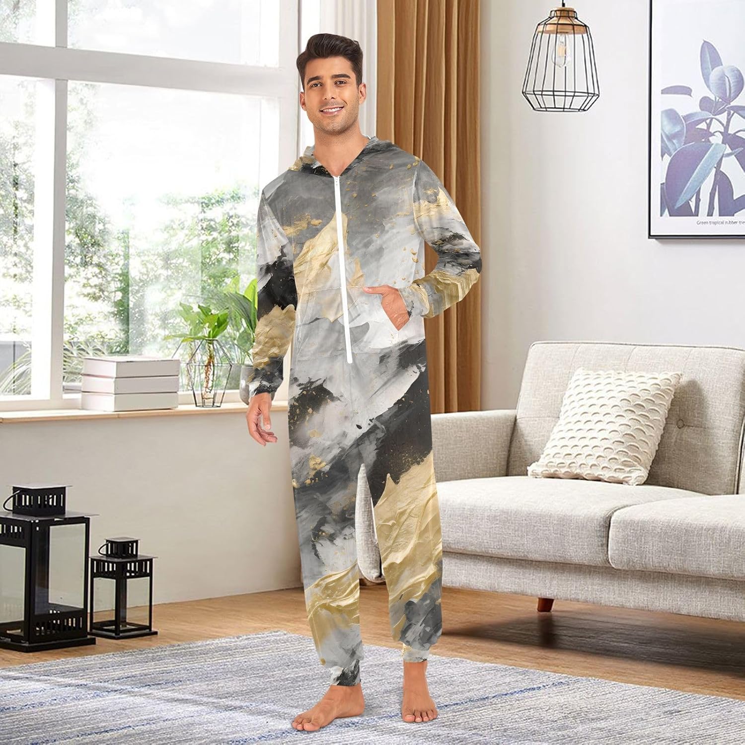 Black Marble Gold Grey Fluid Unisex Adult Onesie Pajamas Comfy One Piece Costume Jumpsuits Novelty Sleepwear Homewear for Men Women