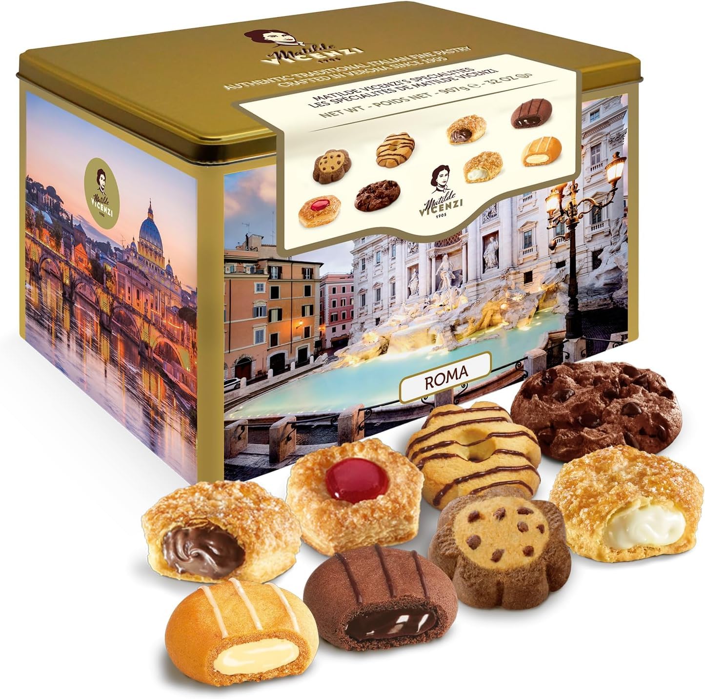 Matilde Vicenzi Roma Cookie Gift Tin - Pastries & Cookies in Individually Wrapped Trays - Gourmet Gifts For Hosts, Birthdays - Assorted Cookies in Italian Design Tin 32.5oz (920g) 32.5 Ounce (Pack of 1) Roma