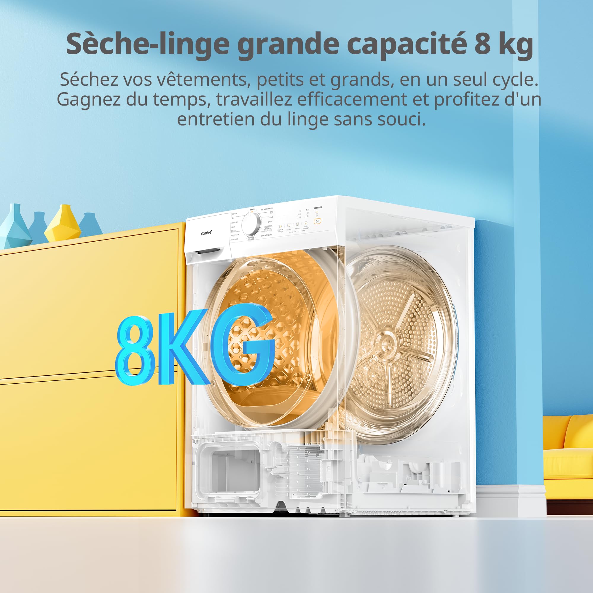 COMFEE' Sèche linge Pompe à Chaleur 8kg Classe D Séchage rapide 15 programmes Blanc
