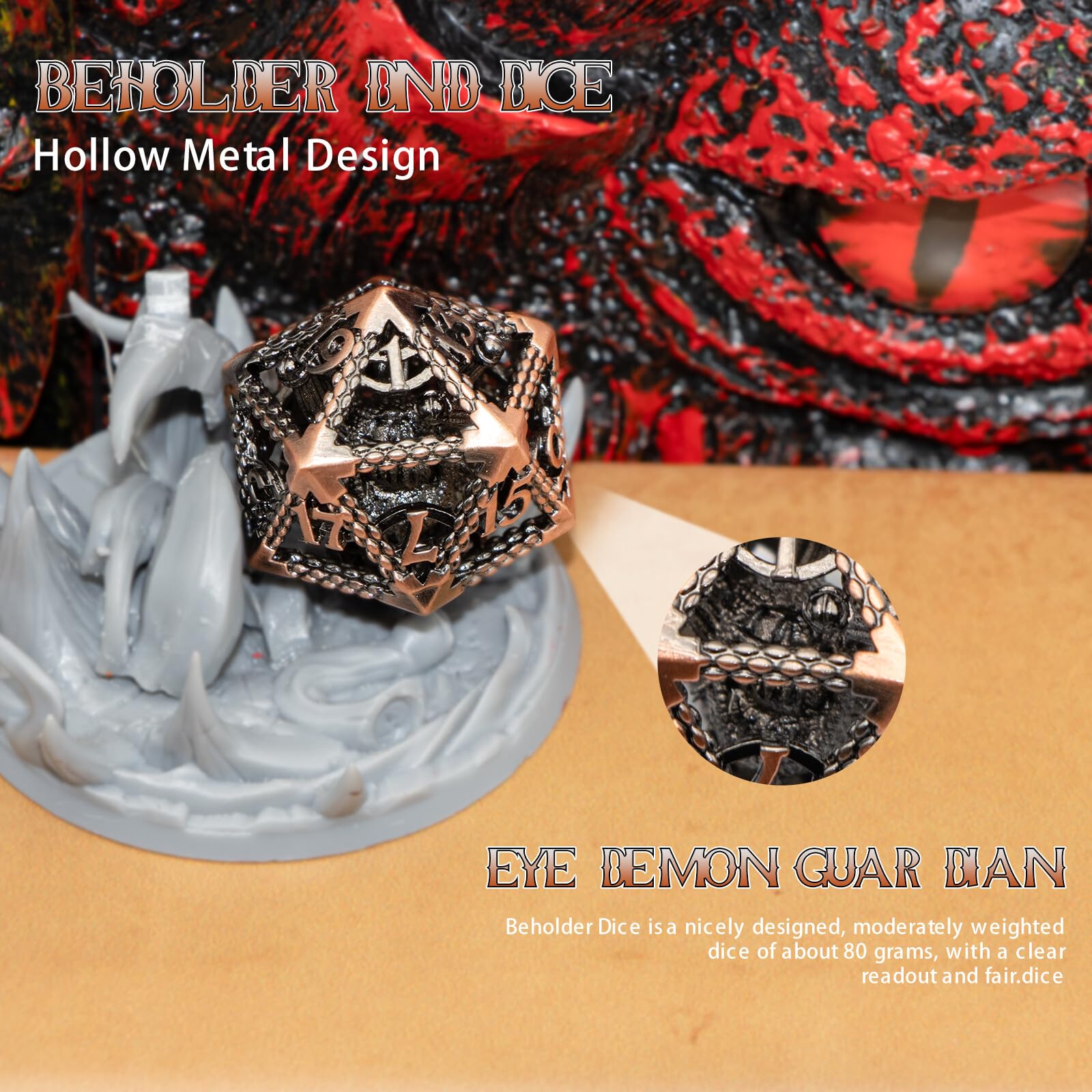 Beholder Dice,HNCCESG Metal DND Dice of 7 Piece Dice Set for Dungeons and Dragons,RPG Role Playing MTG Tabletop Board Games(Eye-Copper)