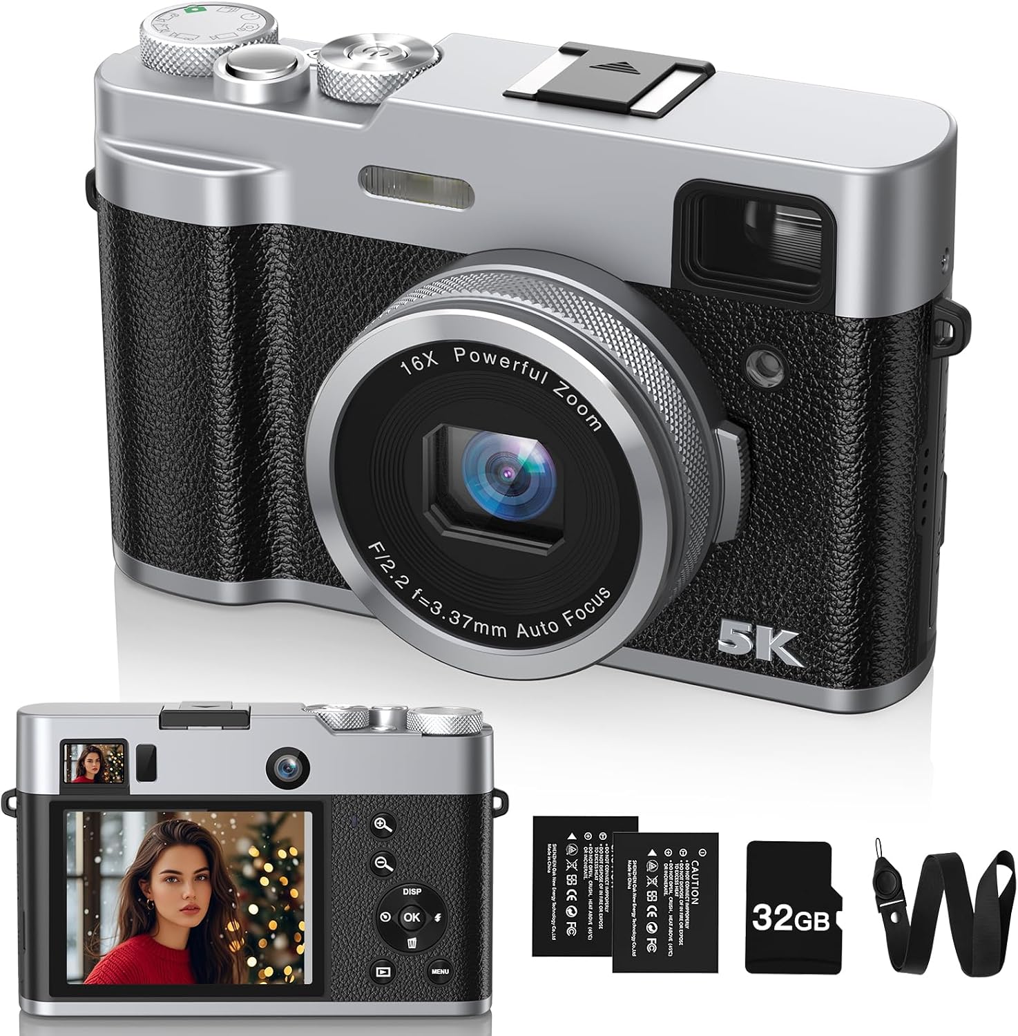 5K Digital Camera with32G Card 48MP YouTube with Flash | Video Camera for Photography and Video, Anti-Shake 16X Zoom Travel Portable Camera