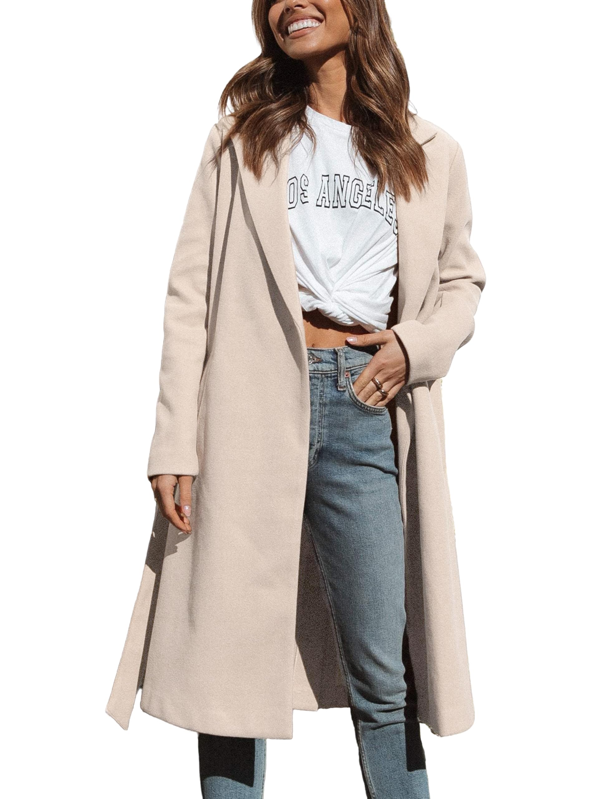 Women's Notch Lapel Wool Blend Coat Mid Long Winter Overcoat Oversized Peacoat Belted Long Jacket