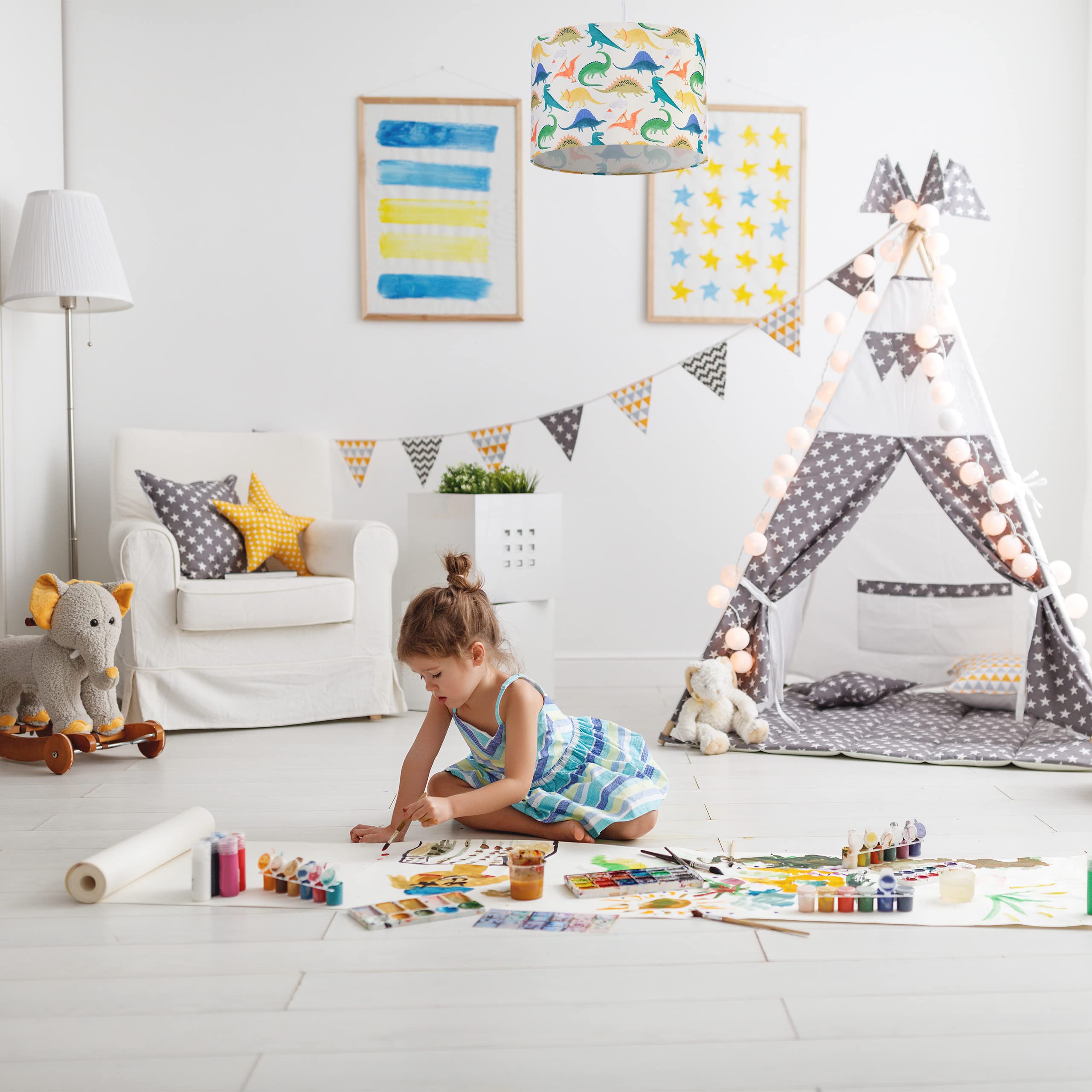Relaxdays Lampadario a Sospensione per Bambini, Cameretta e Stanza dei Giochi, con Dinosauri, HxD: 145 x 35 cm, Colorato