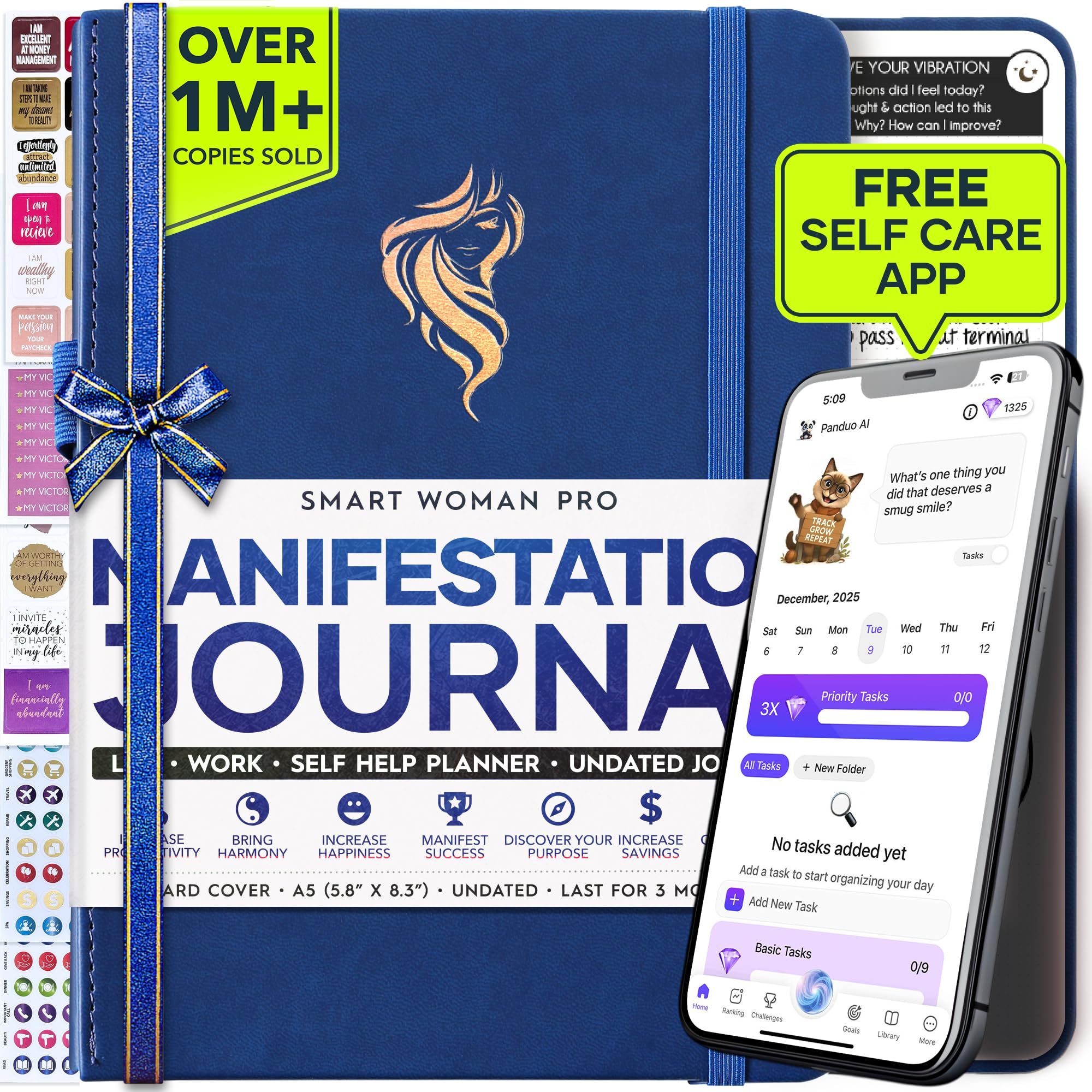 Manifestation Journal - 5 Minute Manifesting & Self Care Journal | 90-Day Undated Daily Planner for Positivity, Affirmations & Gratitude | Guided Mindfulness, Reflection | Vision Board + Stickers — image 1