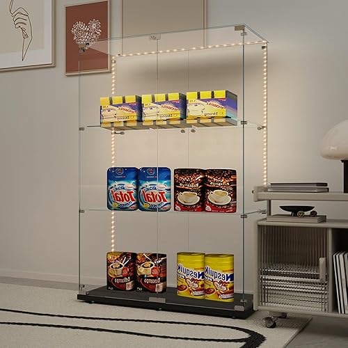 Miniatura 224 de Vitrina de cristal con 4 estantes con tira de luces LED y cerradura, vitrina de vitrina con ruedas y 1 puerta, vitrina de vidrio templado para sala