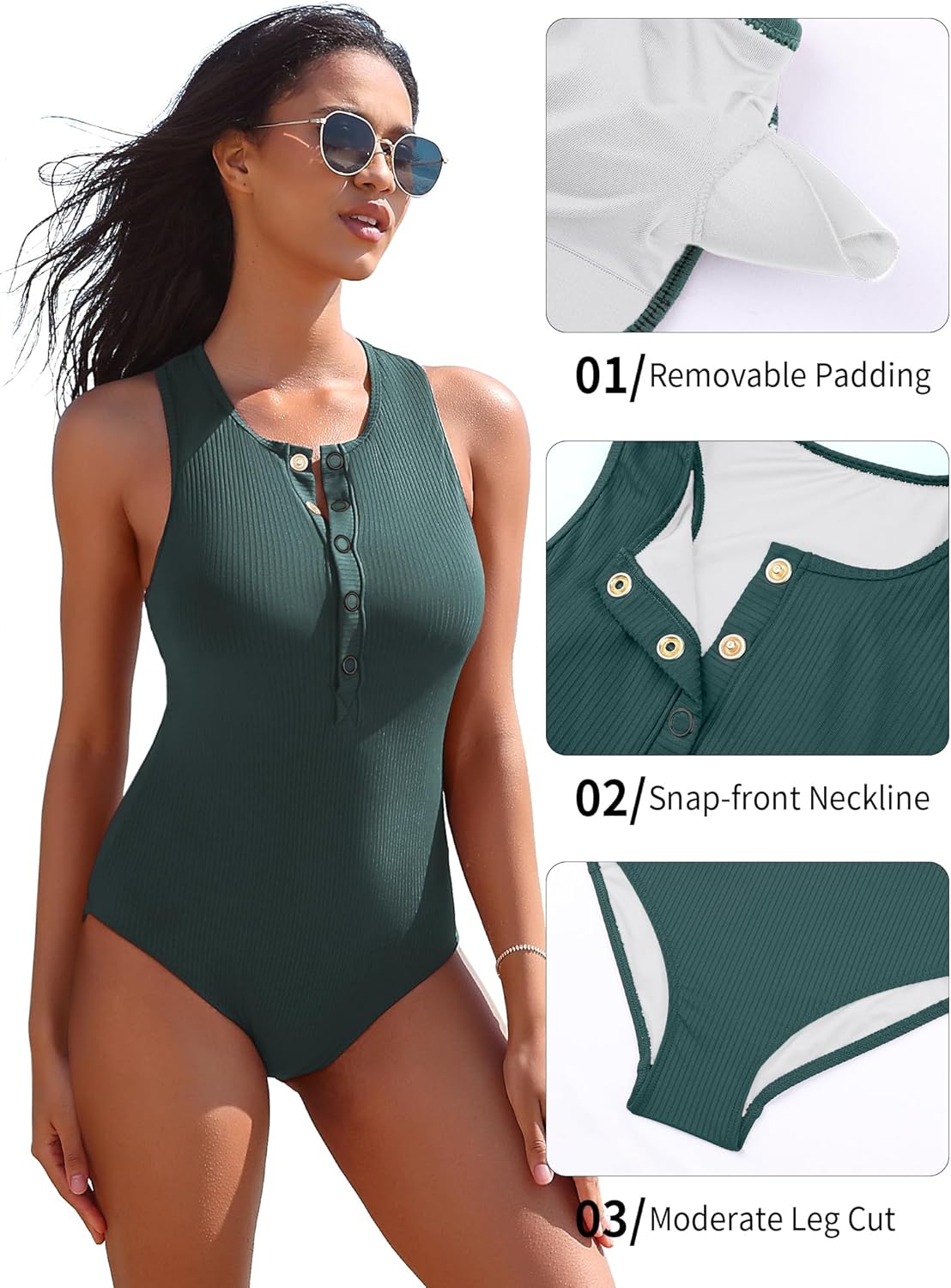 Charmo Ribbed Swimsuits Button Racerback Womens Rashguard Long Torso One Piece Bathing Suit - Image 5