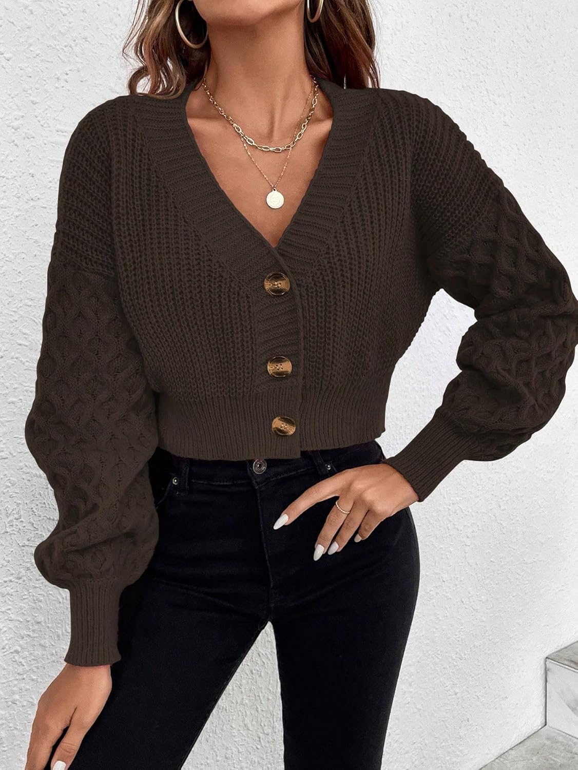 ZAFUL Women Sweaters Cardigan Chunky Ribbed Knit Open Front Long Sleeve Button Loose Short Cardigan Outerwear Coats - Image 4