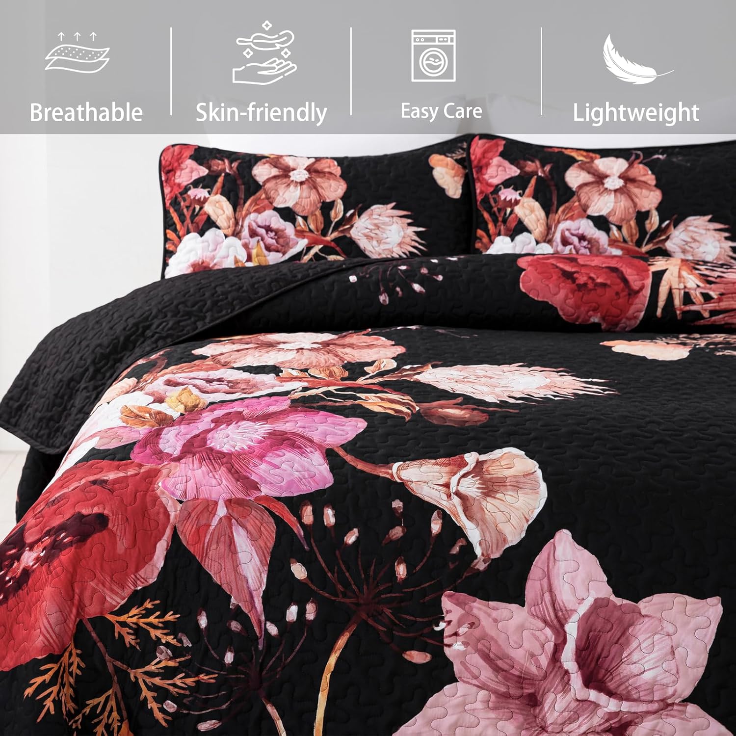 Floral Quilt Set Queen 3 Pieces Red Floral Quilt Coverlet Set Soft Microfiber Lightweight Black Quilted Bedspread for All Season 90"x96" - Image 3