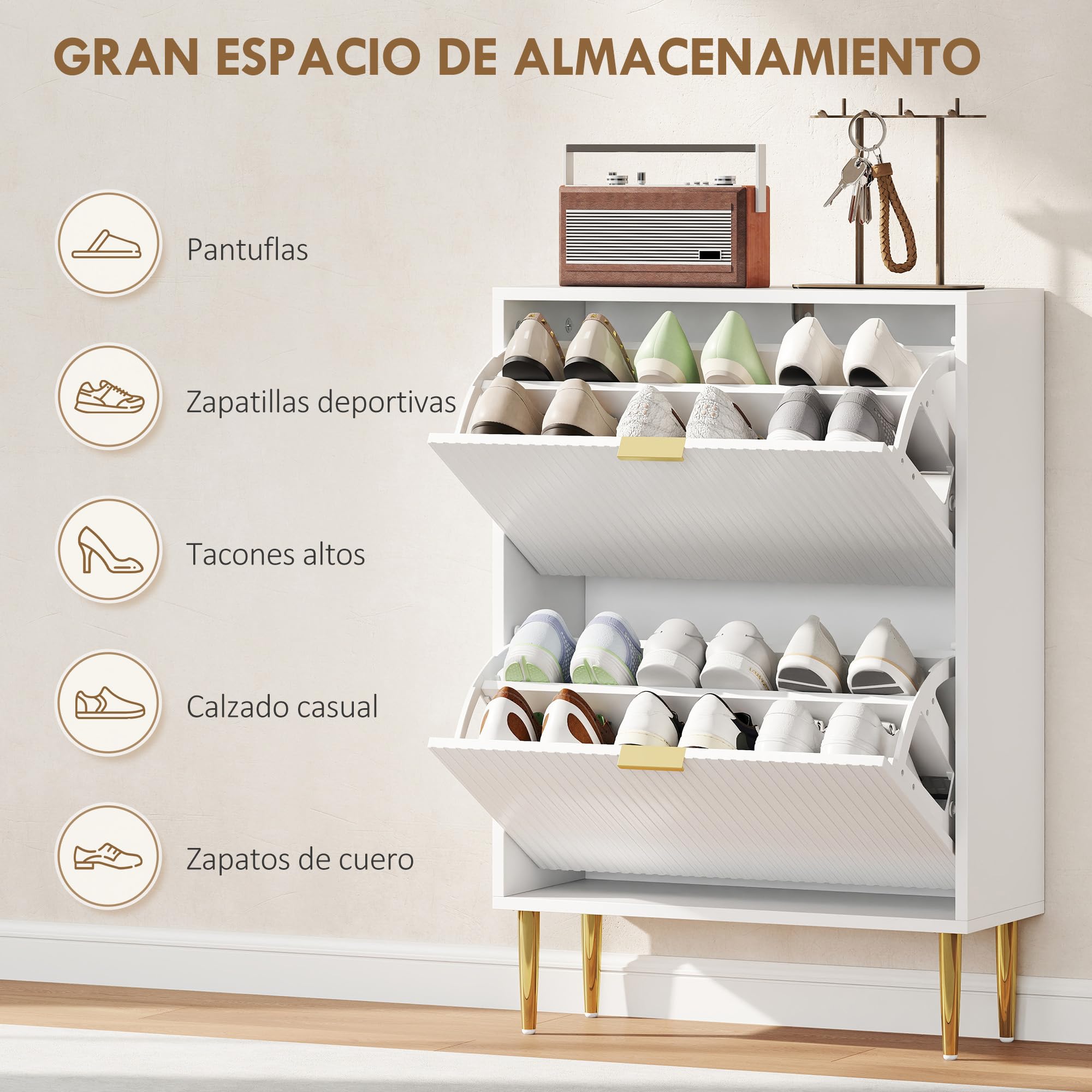 HOMCOM Zapatero Estrecho con 2 Puertas Acanaladas Zapatero Entrada Recibidor con Estantes Ajustables para 12 Pares de Zapatos 60x24x91,5 cm Blanco