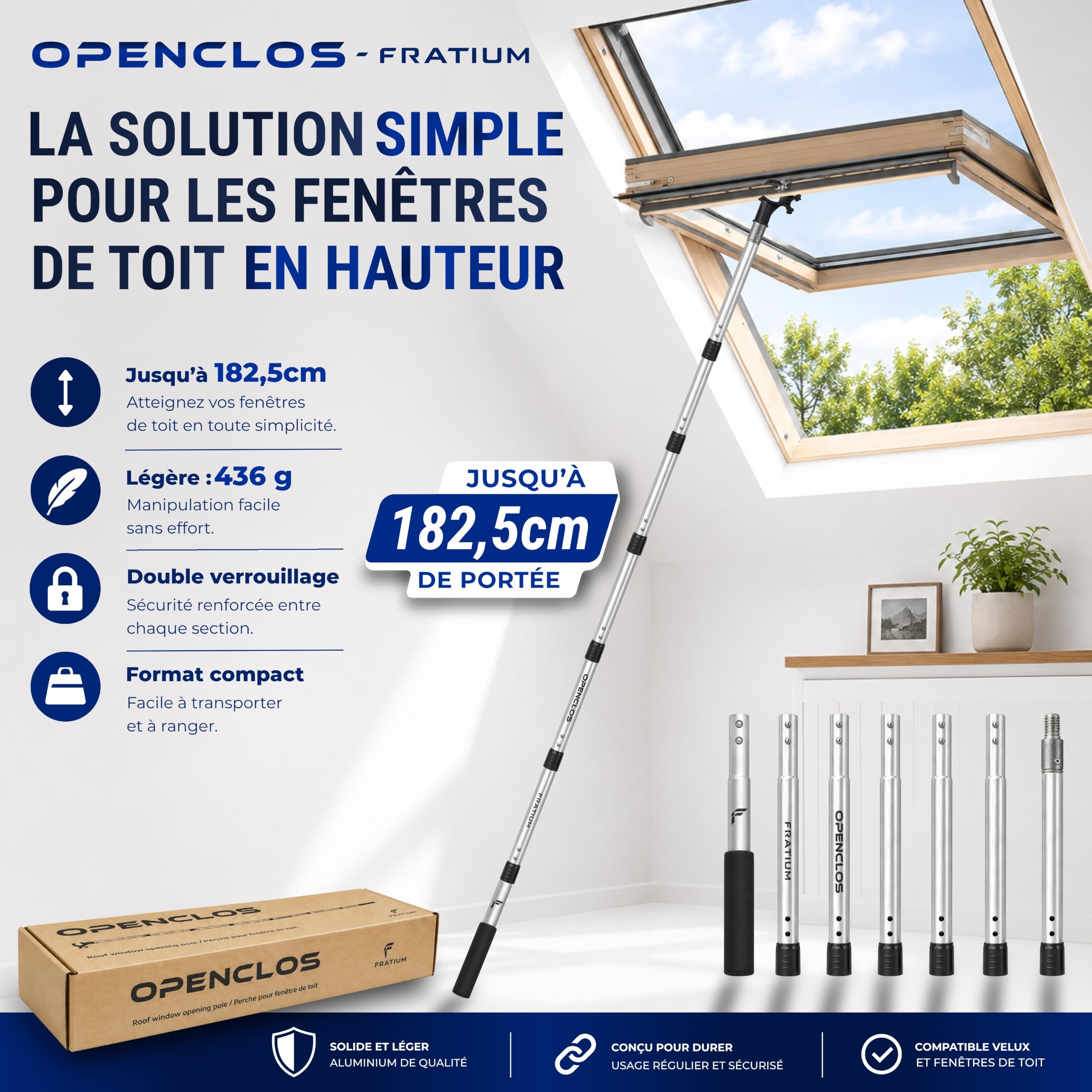 OPENCLOS Perche Canne Barre pour Fenêtre de Toit, Store Occultant, Moustiquaire, Compatible Velux GGL, GGU, GPU, GHL | Crochet Anti-Dérapant, 7 Sections Aluminium, 182 cm
