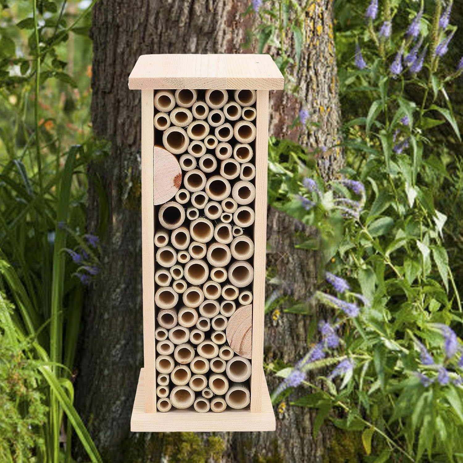 generic Bee Hotel Handmade Solid Wood Hanging for Garden: House with Natural Insects to Attract Pollinators, Waterproofing Wild Bee Nests for