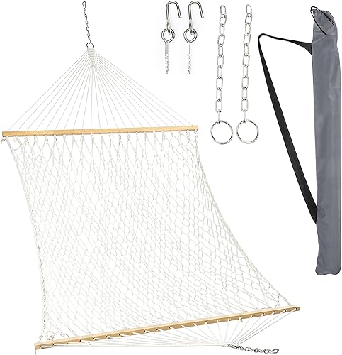 Hamaca de doble cuerda con tejido de algodón y barras separadoras de madera dura para patio, patio trasero, campamento o jardín