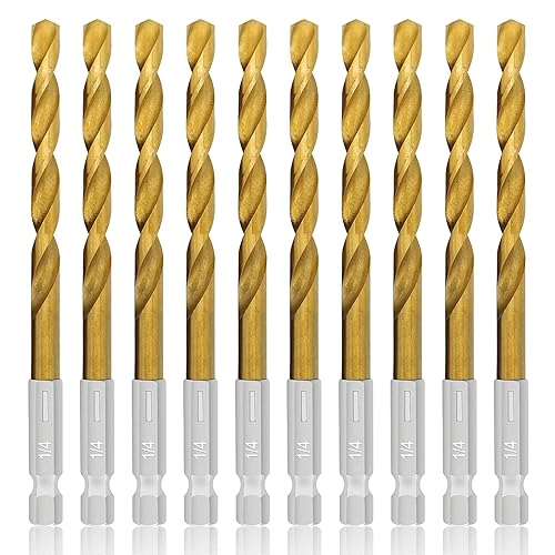 Juego de 10 brocas hexagonales con revestimiento de titanio de 14 de pulgada, punta de 135 grados, juego de brocas de impacto HSS con estuche de