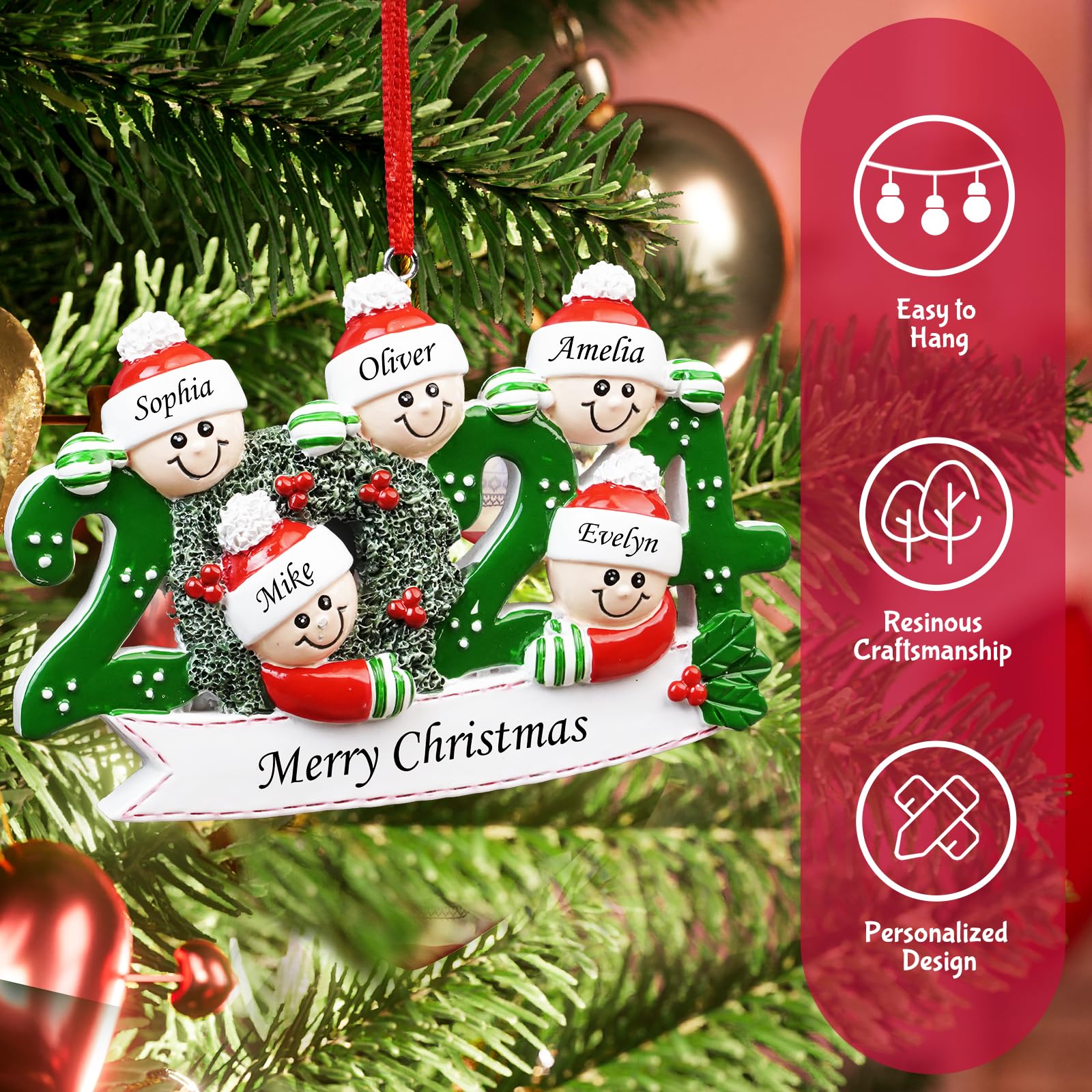 witfox 2024 Personalized Family Christmas Ornaments - Personalized Christmas Ornaments Family of 2/3/4/5/6, Family Customized Ornaments for Christmas Decorations with Name Snowman Wreath