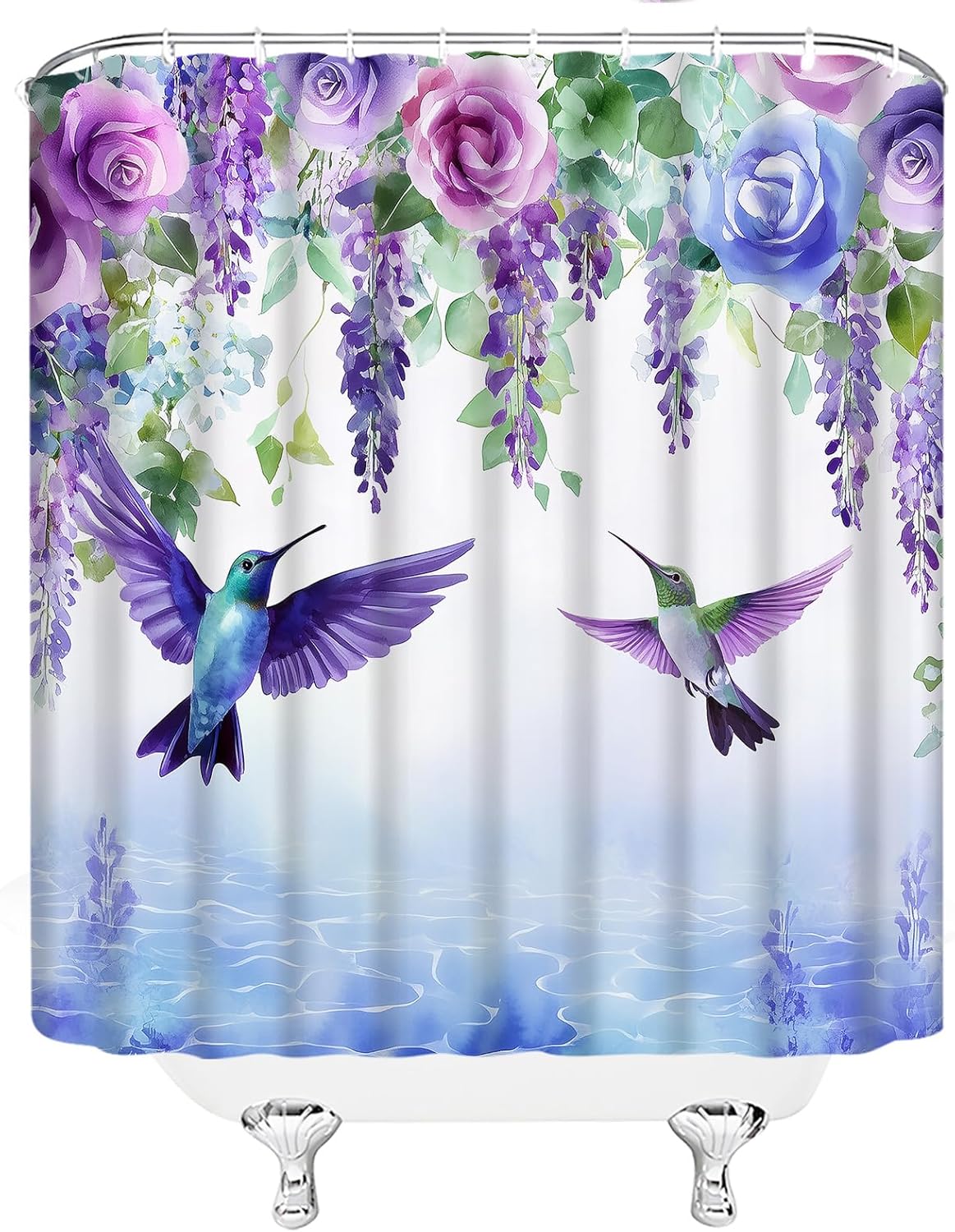 Hummingbird Floral Shower Curtain Watercolor Flower Spring Bird Plant Wisteria Blossom Weeping Rustic Garden Nature Bathroom Decor Curtain with Hooks,Purple