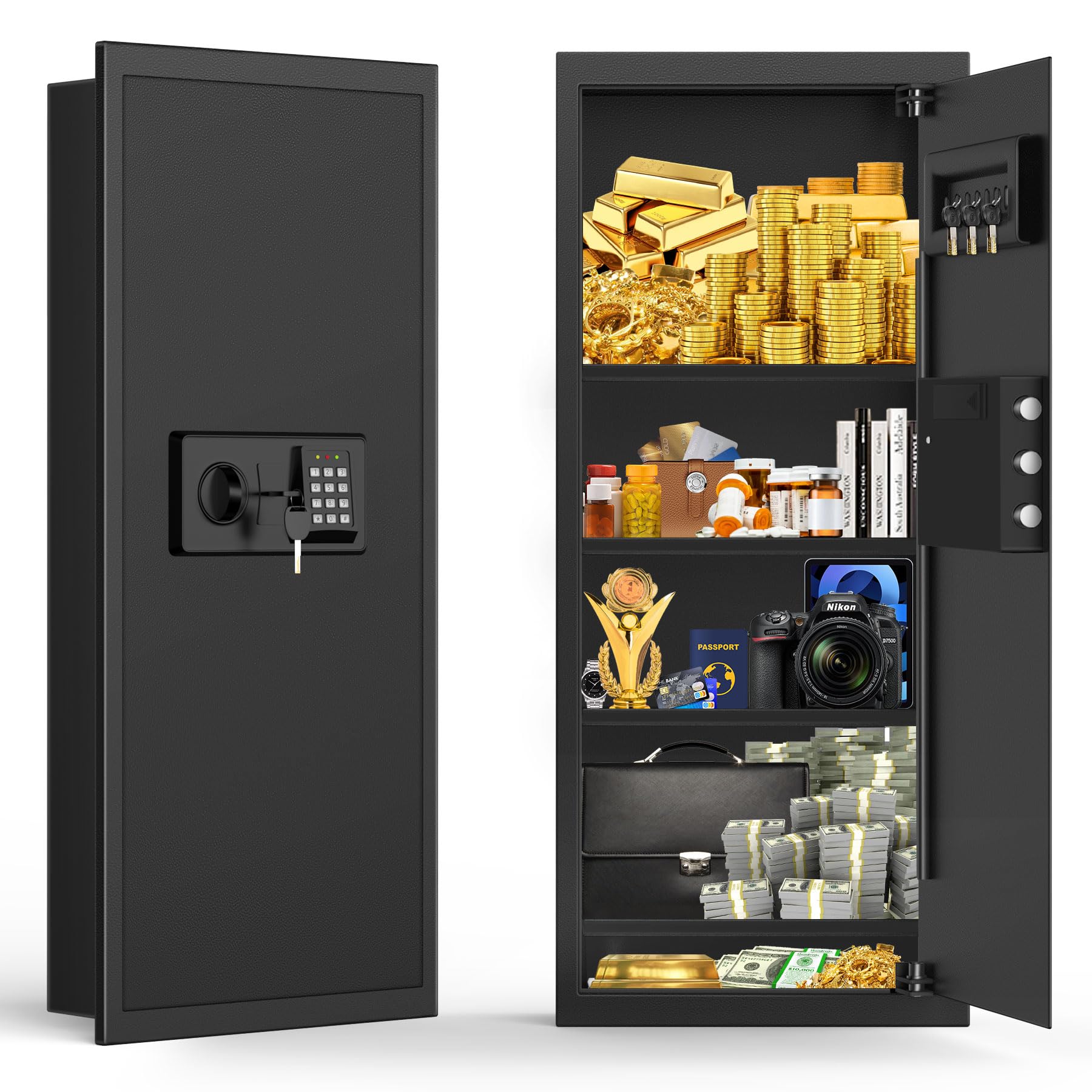 Black 37.4" Tall Wall Safe Between Studs with Combo Lock &amp; Removable Shelf